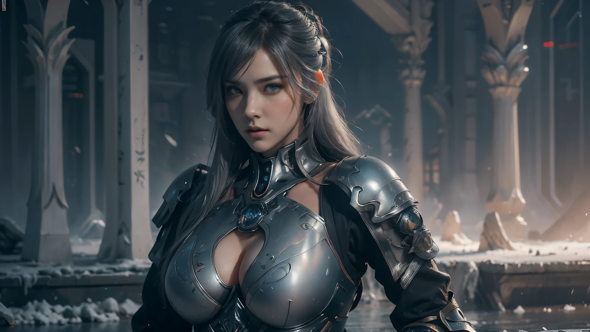 masterpiece,best quality,high resolution,8k,(portrait photo:1.5),(R original photo),real picture,digital photography,(Combination of cyberpunk and fantasy style),(female soldier),20 year old girl,Random hairstyle,through bangs,(red eye breasts, Accessories,Keep your mouth shut,Elegant and charming,Serious and arrogant,Calm and handsome,(Cyberpunk combined with fantasy style clothing,hollow-carved design,big breasts,joint armor,photo poses,Realistic style,gray world background,oc render reflection texture,sentry