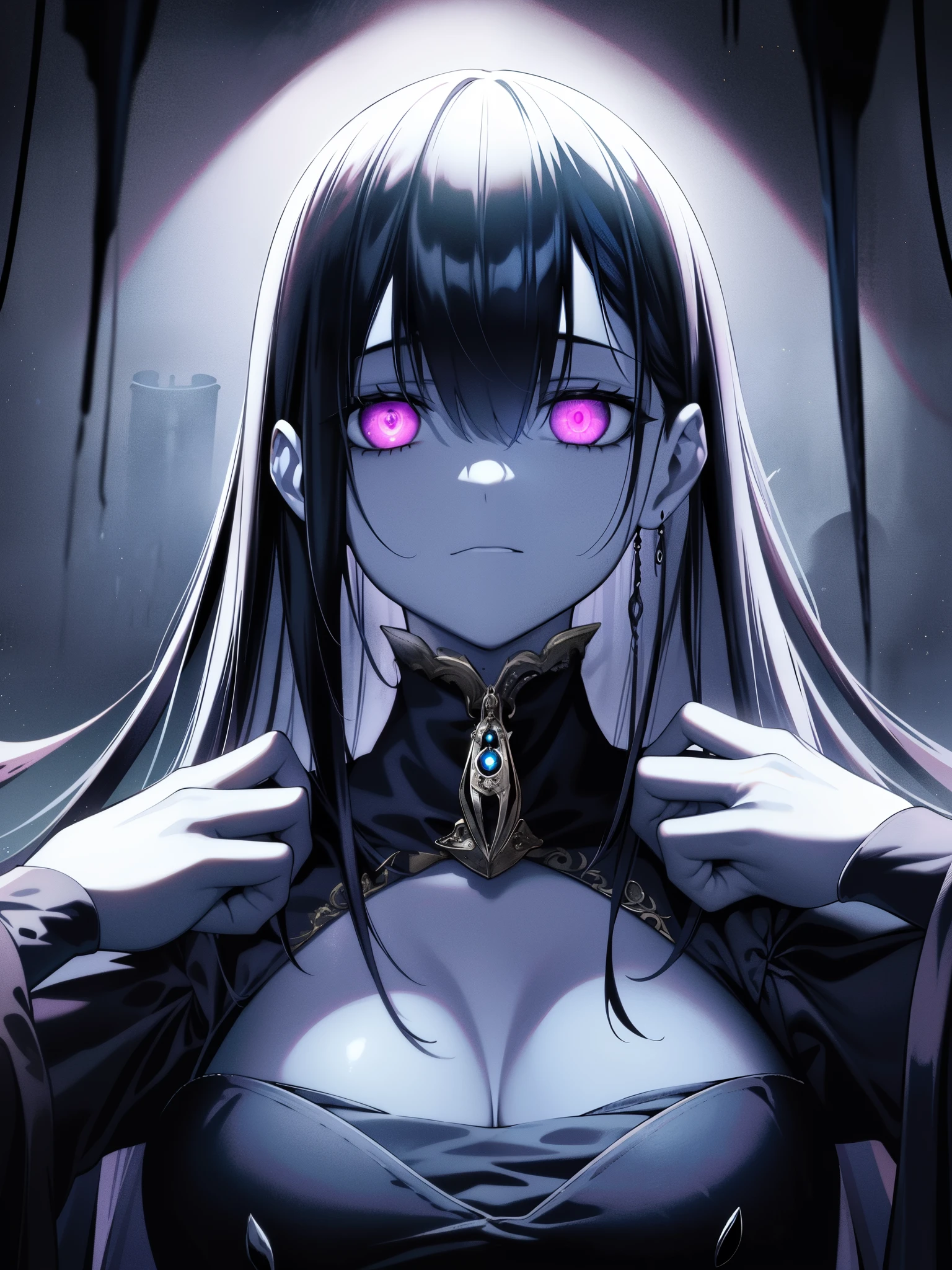 (highest quality、High resolution)、creepy look、dark background、intense expression、shining eyes、eerie atmosphere、twisted body pose、((Lock))、ghostly environment、unreasonably beautiful、gothic style、white skin、dramatic shadow、evil aura、creepy details。