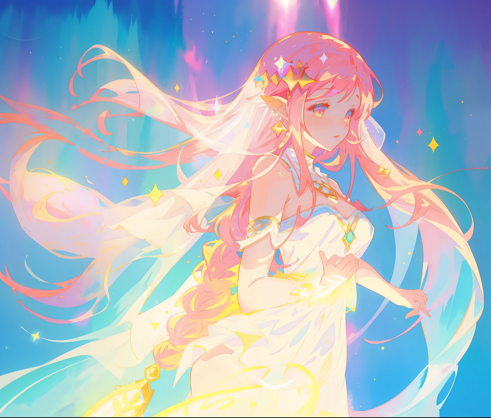 beautiful girl in white arabian two-piece dress, (arabian princess), (arabian dancer), (fantasy arabian dress), long colorful sparkling pink hair, watercolor illustration, Lois van Baarle, glowing aura around her, Glen Keane, jen bartel, glowing hair, beautiful digital illustration, fantasia background, beautiful, masterpiece, best quality, anime disney style, golden ratio, perfect composition