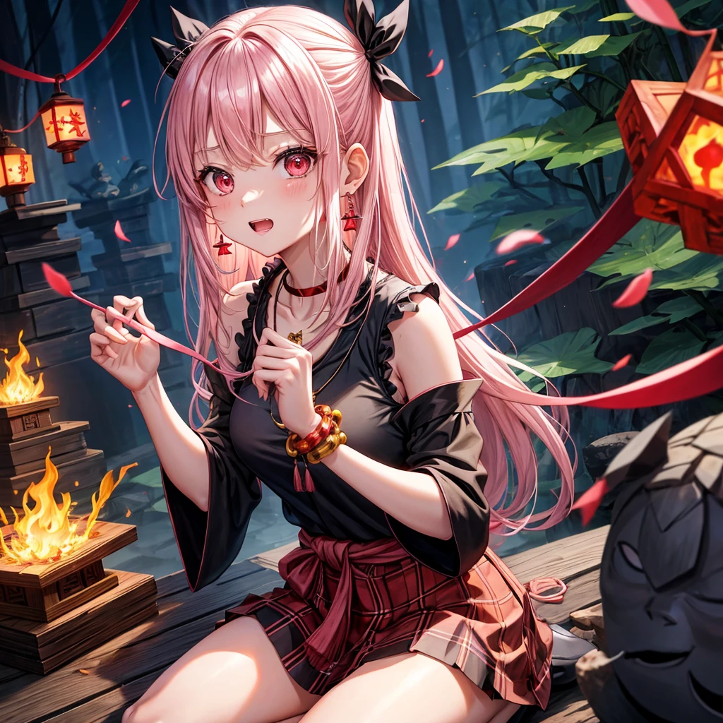 pink black blonde、red eyes、one good looking girl、solo、anime、plaid mini skirt、black camisole、black t-shirt、kimono、wearing a ribbon、ribbon at waist、stone slabs are piled up、crystal earrings、jewelry necklace、Light and shadow、clock、universe、vine plant、petal、tilting one's face、teeth are visible、fire spirit、book of magic、Cube、bamboo forest、lava、Plum blossom、squatting down、Kokeshi