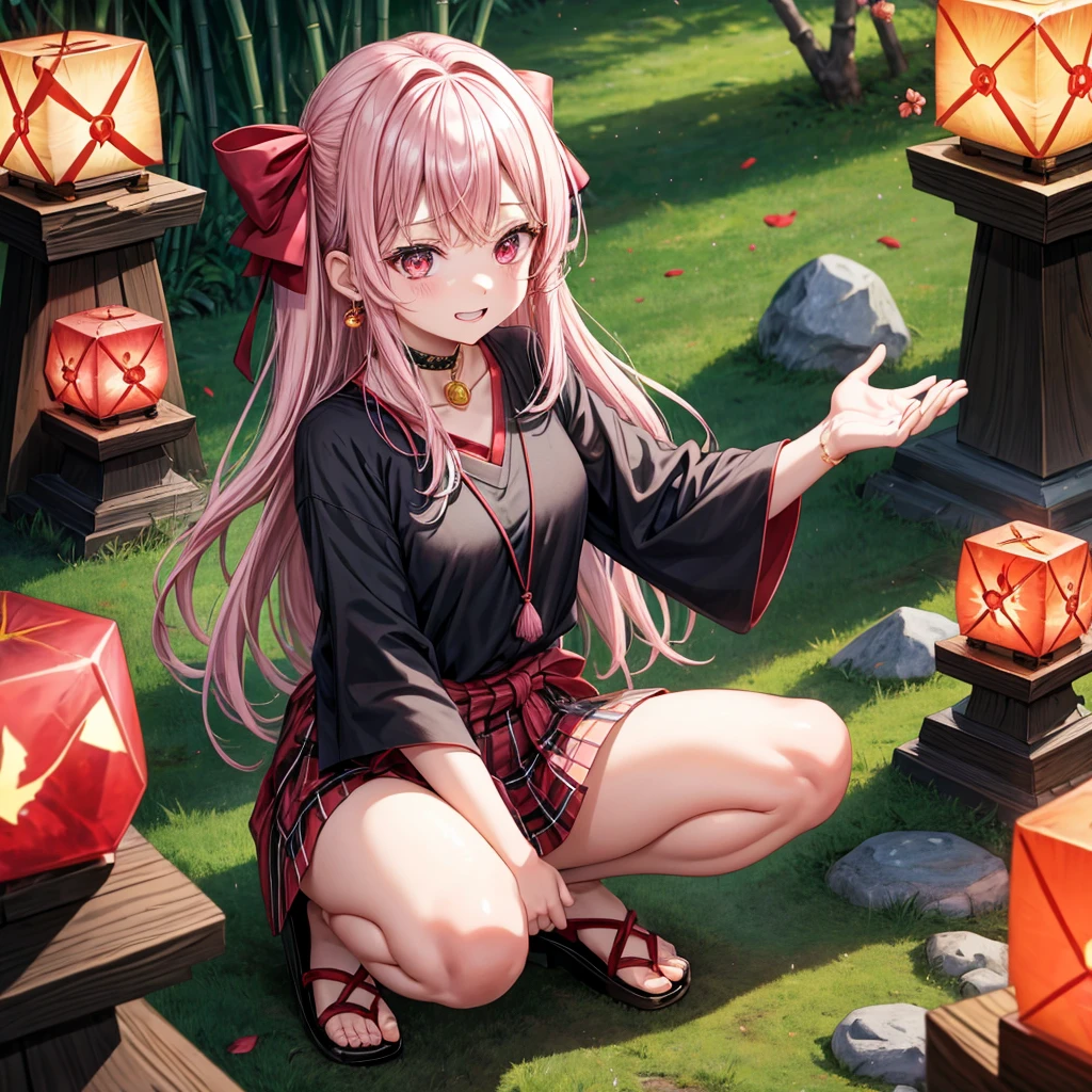 pink black blonde、red eyes、one good looking girl、solo、anime、plaid mini skirt、black camisole、black t-shirt、kimono、wearing a ribbon、ribbon at waist、stone slabs are piled up、crystal earrings、jewelry necklace、Light and shadow、clock、universe、vine plant、petal、tilting one's face、teeth are visible、fire spirit、book of magic、Cube、bamboo forest、lava、Plum blossom、squatting down、Kokeshi