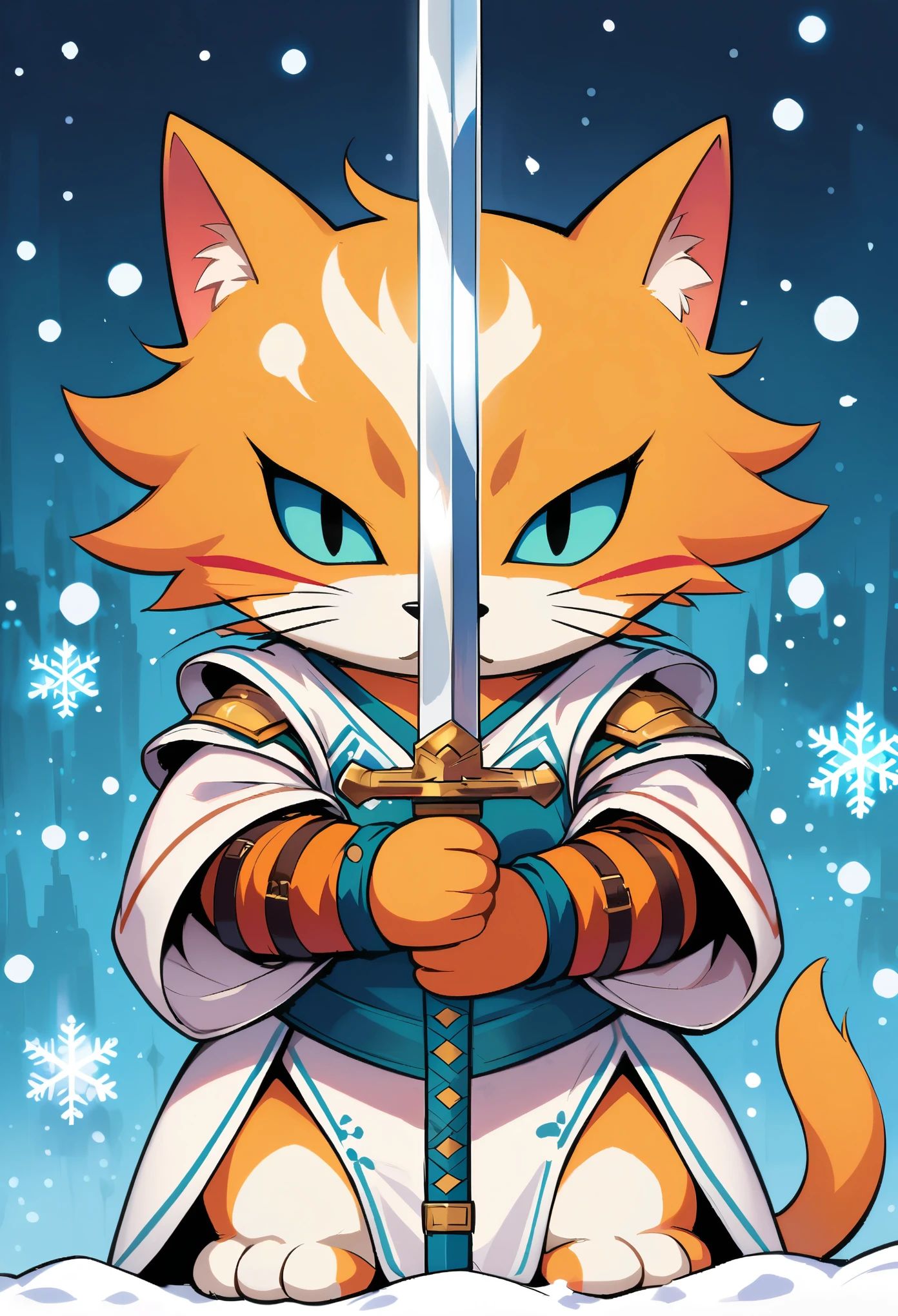 white cat warrior,Sword in both hands,sword focus,snowflake,blizzard,Snow background,Anthropomorphic cats,cartoon,