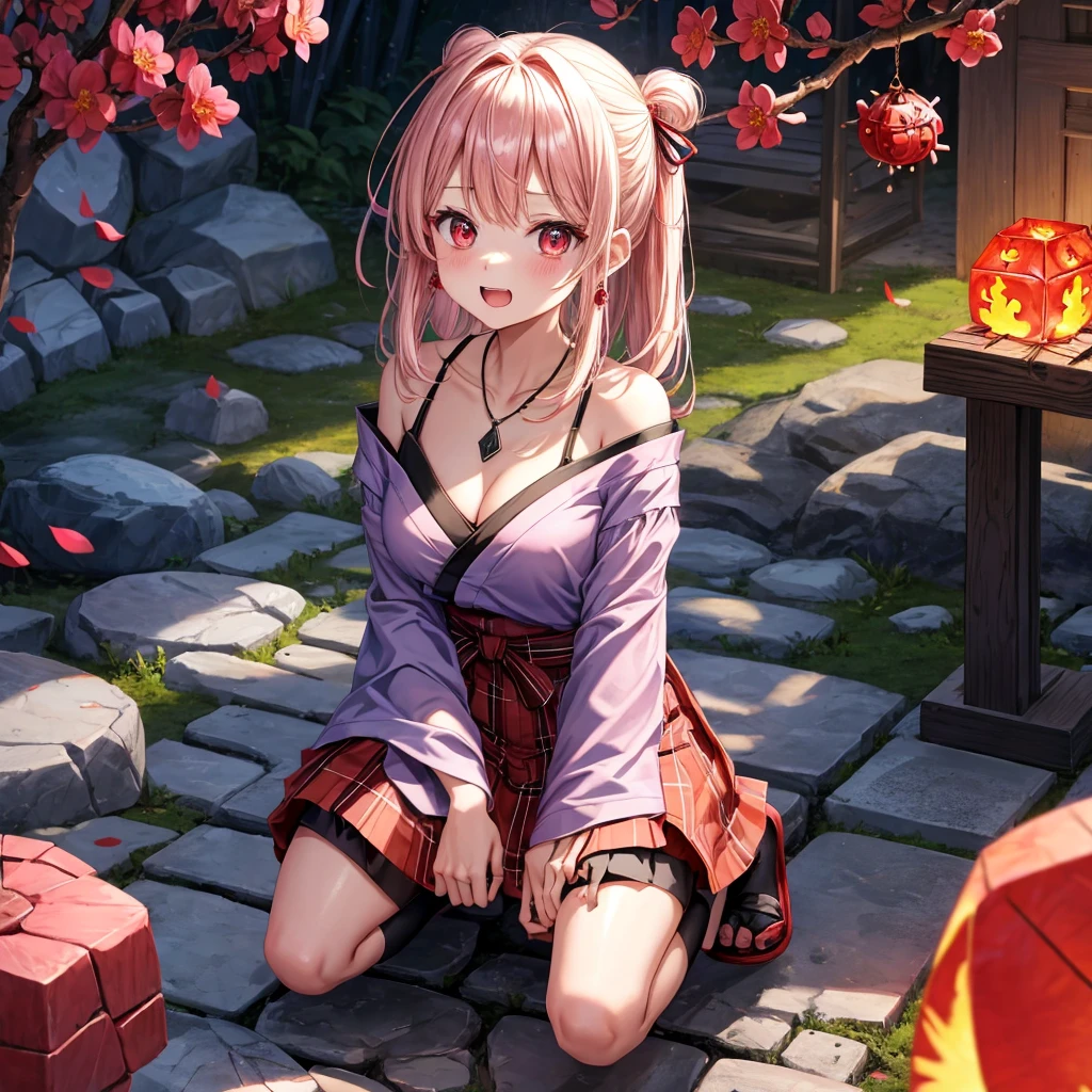 pink black blonde、red eyes、one good looking girl、solo、anime、plaid mini skirt、black camisole、black t-shirt、kimono、wearing a ribbon、ribbon at waist、stone slabs are piled up、crystal earrings、jewelry necklace、Light and shadow、walking、clock、universe、vine plant、petal、tilting one's face、teeth are visible、fire spirit、book of magic、Cube、bamboo forest、lava、Plum blossom、squatting down