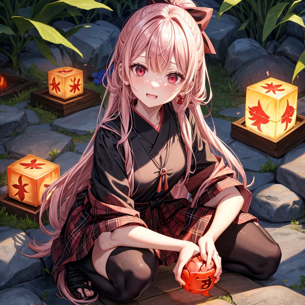 pink black blonde、red eyes、one good looking girl、solo、anime、plaid mini skirt、black camisole、black t-shirt、kimono、wearing a ribbon、ribbon at waist、stone slabs are piled up、crystal earrings、jewelry necklace、Light and shadow、clock、universe、vine plant、petal、tilting one's face、teeth are visible、fire spirit、book of magic、Cube、bamboo forest、lava、Plum blossom、squatting down、Kokeshi