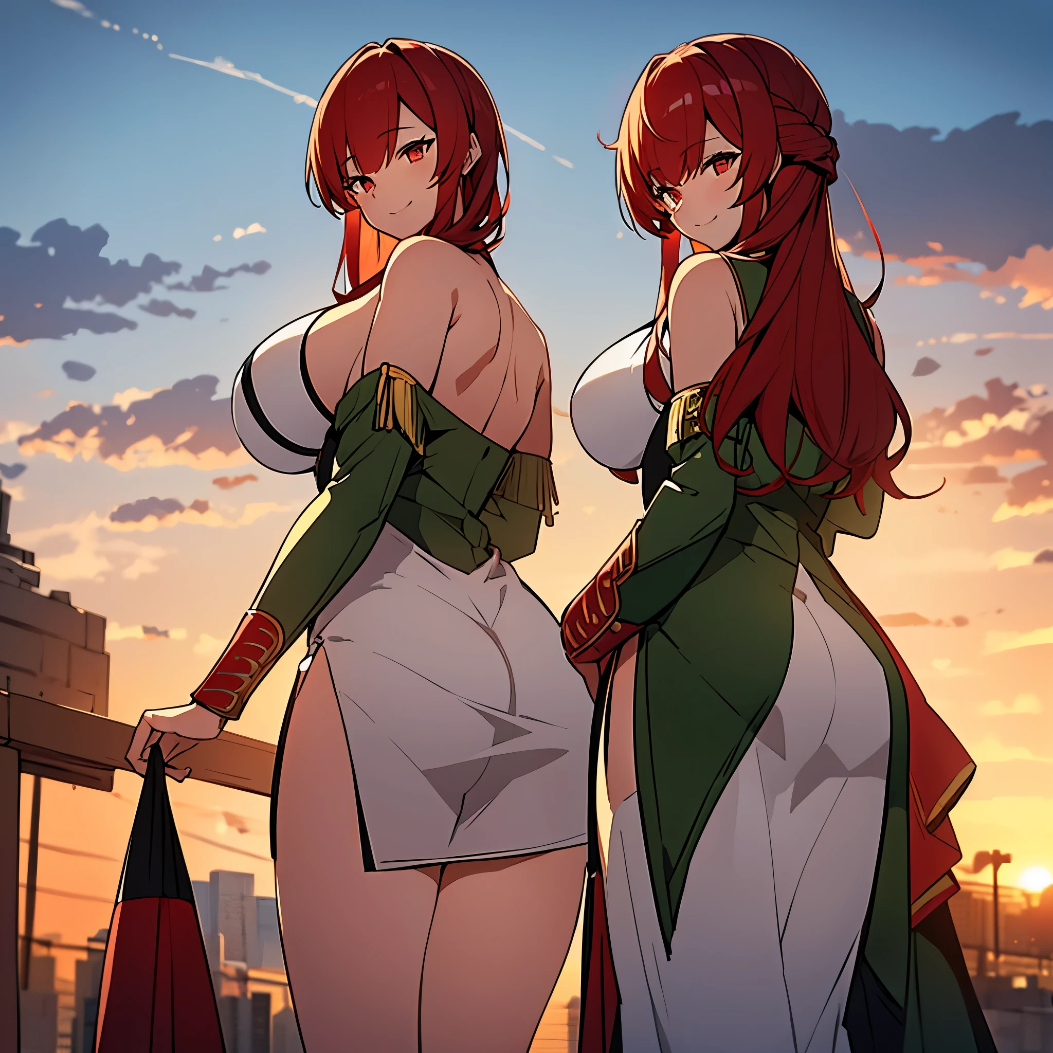 A woman wearing a white dress with green and red details, red hair, red eyes, smiling, big breasts, smiling. at a high point in a city with the traditional Roman city in the background, sunset, ultra definition, very detailed, masterpiece, 2k, 16:9.

