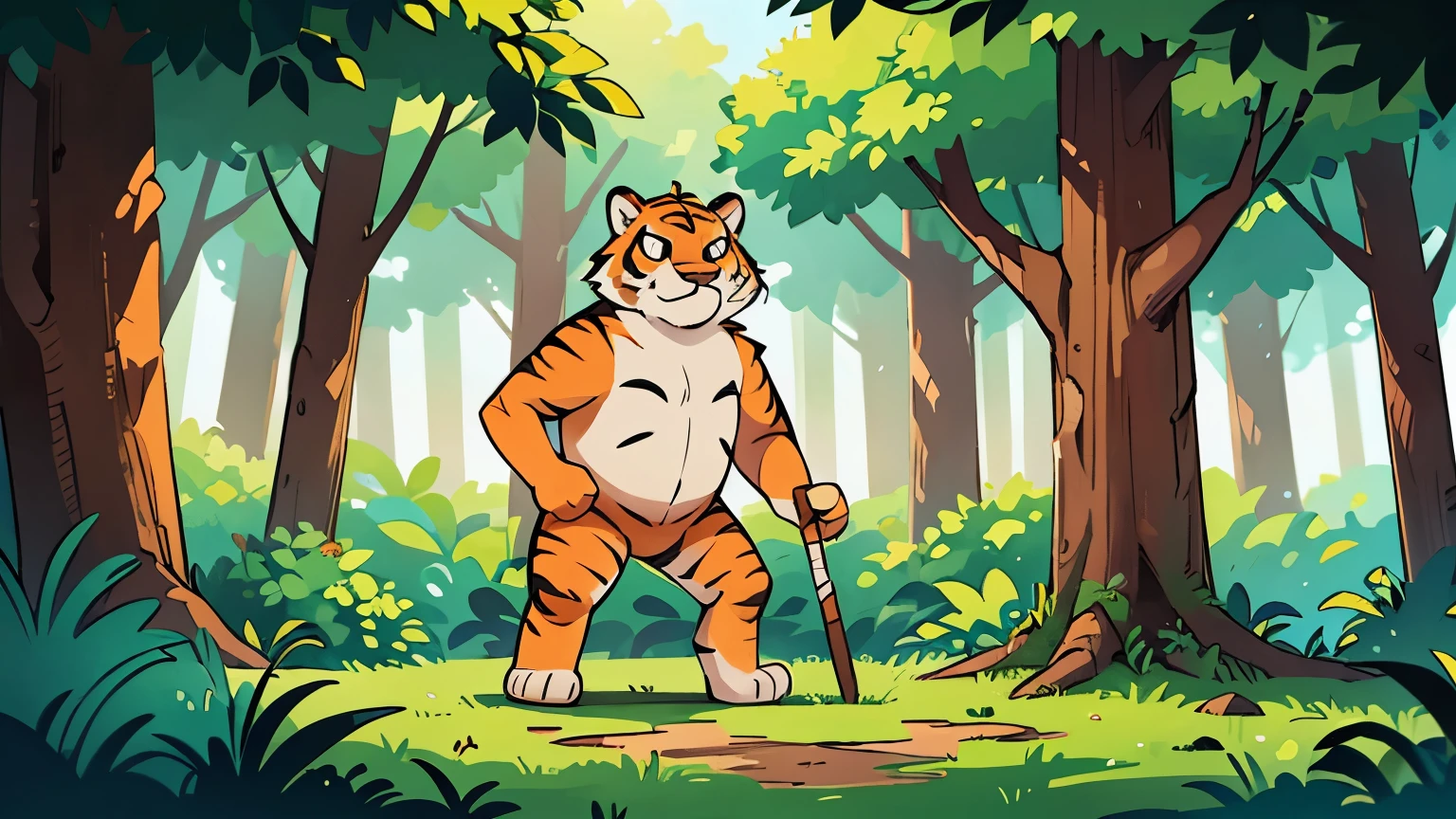 
The image of a tiger standing tall in the forest. The forest is magnificent. Draw it in a picture book style.