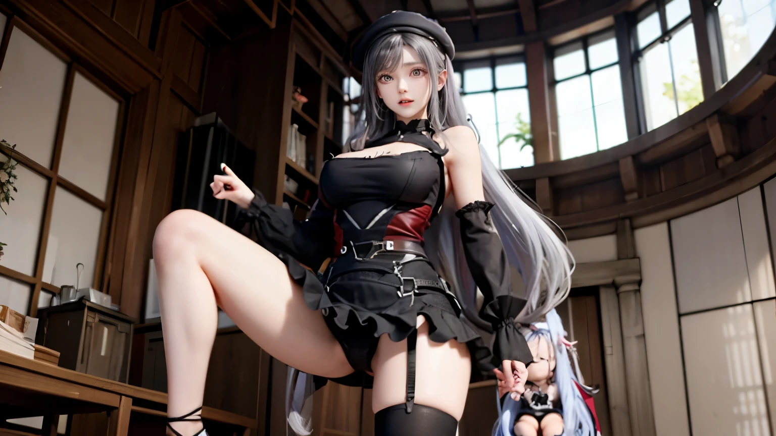 (very delicate and beautiful:1.2)super model,perfect shape,Two girls kicking at a man,2girl,,Thighhighs,beautiful feet,beret,gentle expression,Seen by girls from below,Innocent face,mini skirt,big breasts,Girls roundhouse kicking a man from the left and right of the screen,voluptuous,bike shorts,atelier,givenchy