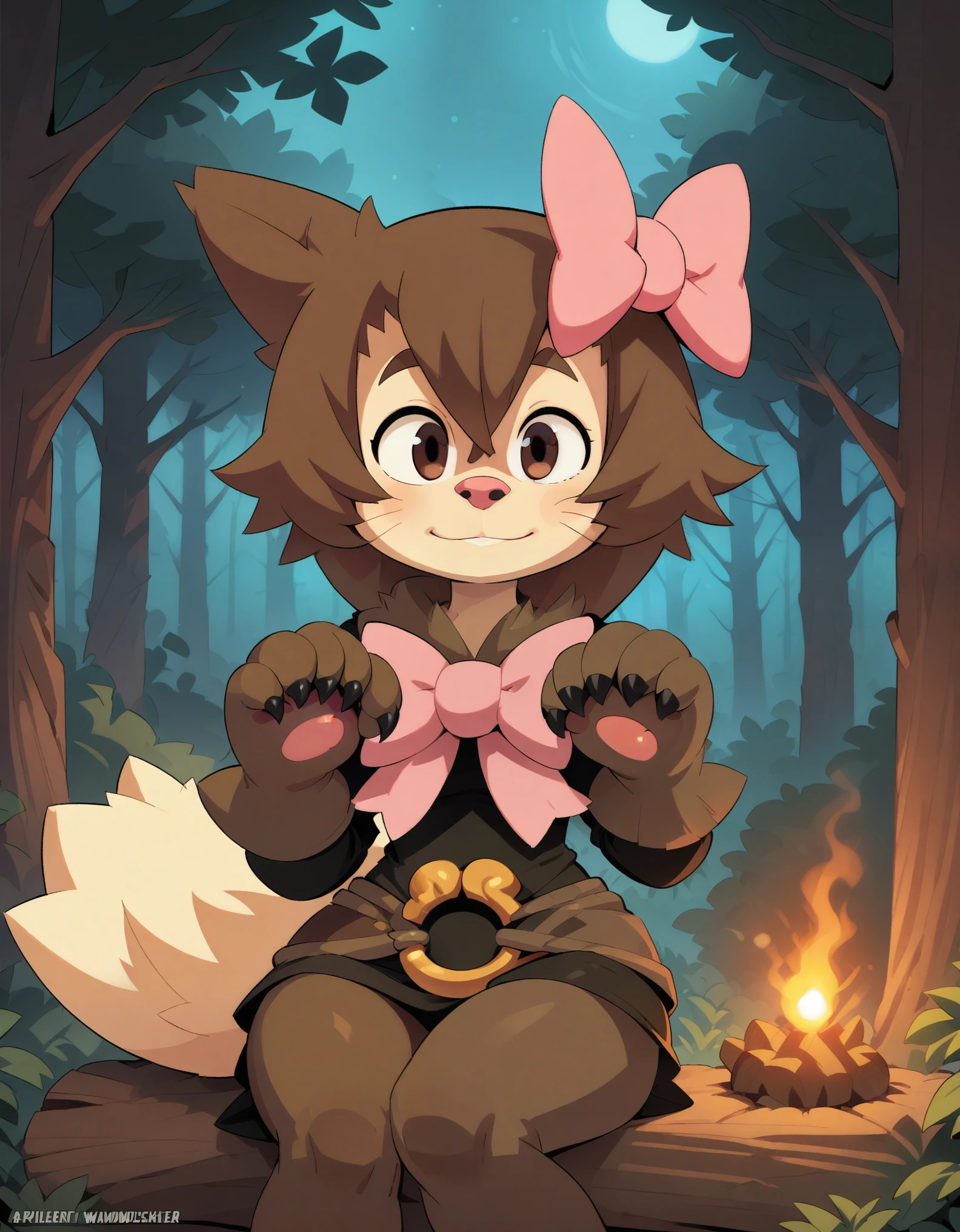 score_9, score_8_up, score_7_up, score_6_up, pokekid, eevee, fluffy girl, furry girl, female, smile, smiling, has a big pretty bow in her hair, has animal paws for hands, 1girl, best quality, outdoors, high definition, cute, stuck in wall,, [Uploaded to e621.net; (Pixelsketcher), (wamudraws)], ((masterpiece)), ((HD)), ((best quality)), ((solo portrait)), ((front view)), ((furry; anthro)), ((detailed fur)), ((detailed soft shading)), ((beautiful render art)), {anthro; (slim figure), black fur, pink nose, cute brown eyes, (red highlights in hair), whiskers, (short tail), (gorgeous wide hips), (beautiful feet), (black claws), (expressionless)}, {(sitting on log), (looking at viewer)}, [background; (woods), (nighttime), (campfire), (ambient lighting)], open leg