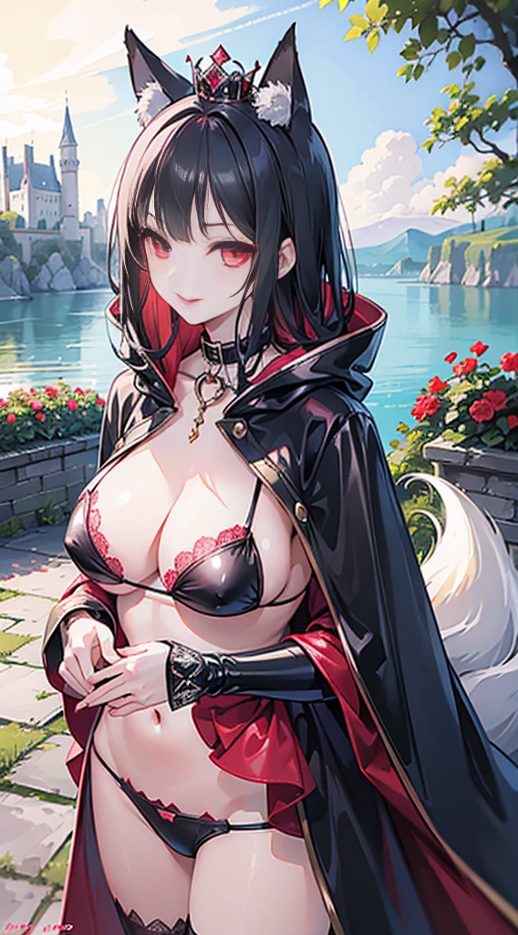 high quality, masterpiece, super detailed, 1 girl, extremely detailed faces,latex lace bikini,cloak,princess crown,Calm expression,bright red lips,Smile,handcuffs,collar,long black hair, charming pink eyes, fox ears, castle,garden,waterside,
