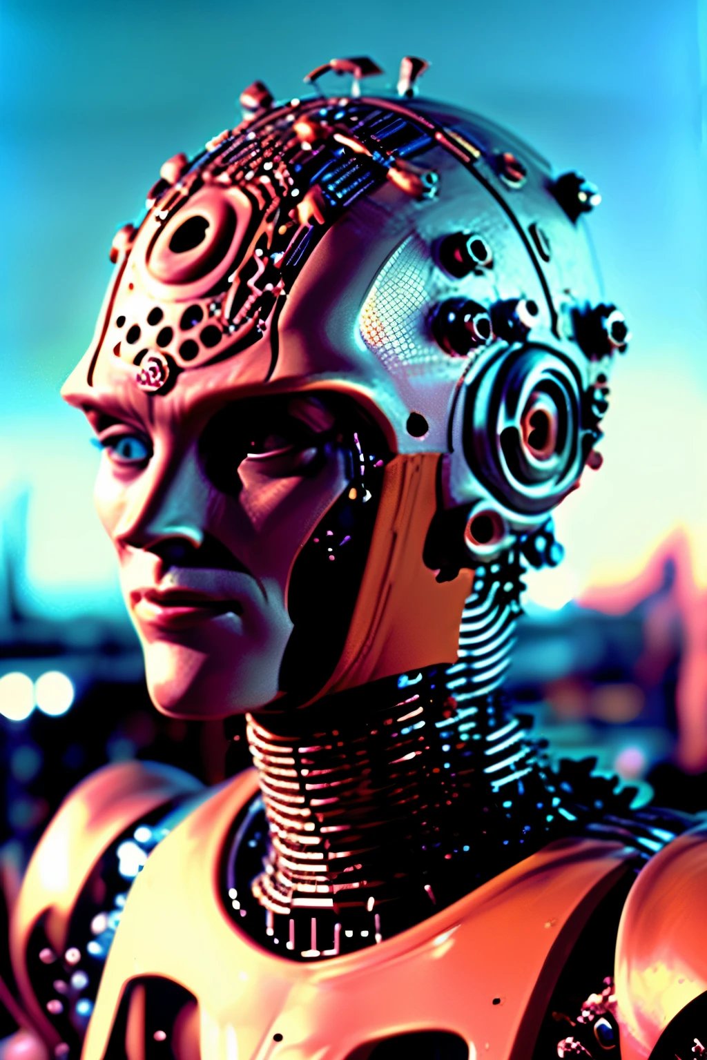 A futuristic frontal head portrait of a humanoid very complex female cyborg. The robot's body is made of many metal pieces showing some ware and use, and its internal structure is clearly visible, including circuit boards and light-emitting elements. The robot has soft facial features with feminine features, including long hair and breasts. The robot's head and neck are structurally complex, with many connecting points and lines, suggesting its precise construction and possible versatility. High-tech and futuristic living concepts, cold and mechanical beauty, bioluminescence, fiber optics, masterpieces, octane rendering, unreal engine ral-watrho