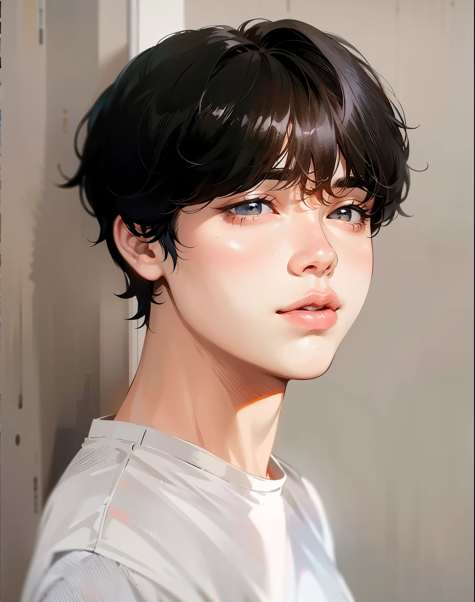 a close up of a person with a short hair and a white shirt, jimin\'s plump lips, jimin, park jimin, accurate jimin face, jungkook, jimin\'s grecian nose, jung jaehyun, jimin\'s right eyelid swollen, jinyoung shin, wan adorable korean face, inspired by jeonseok lee, with short hair, portrait of kpop idol