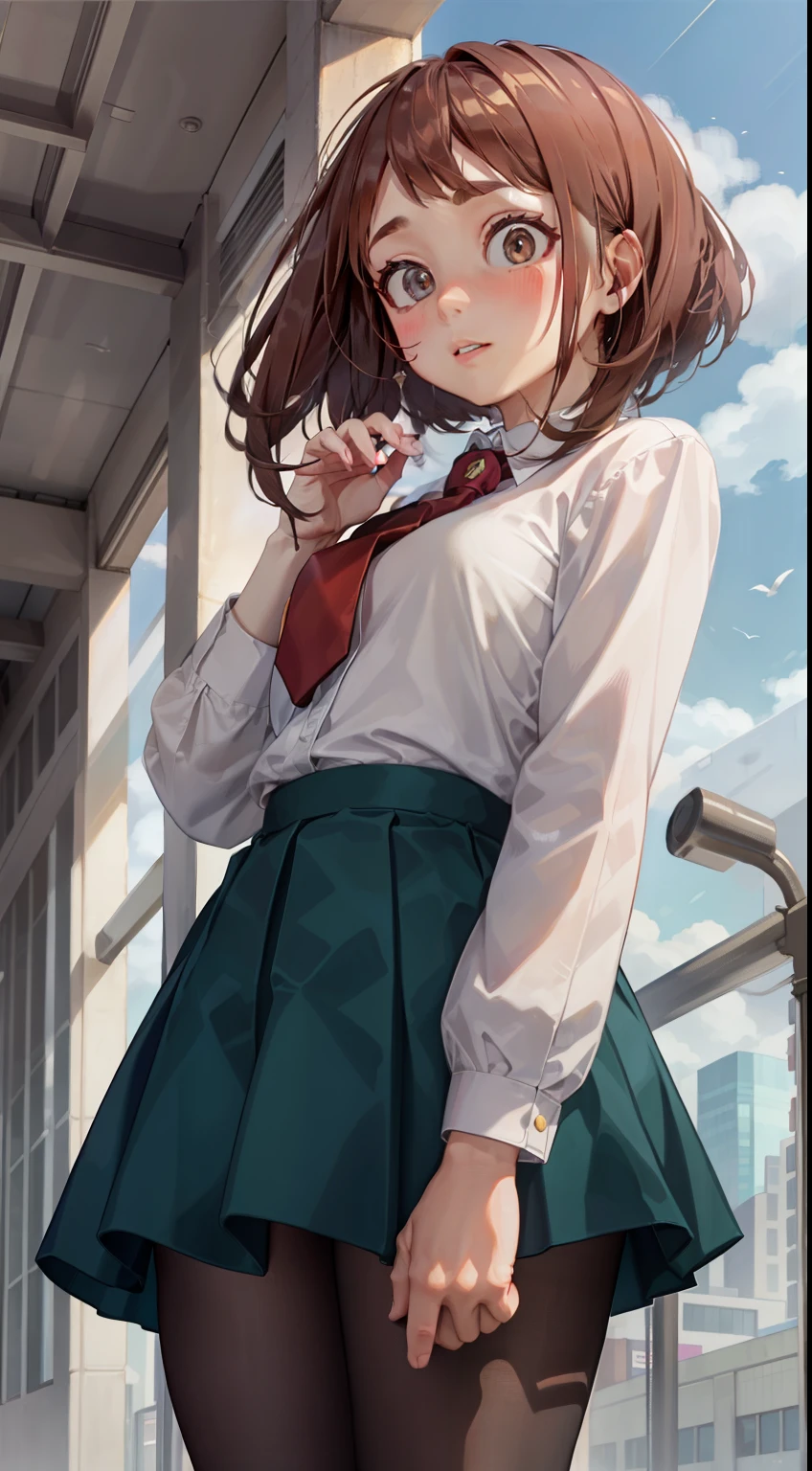 Ochaco is a short girl with a curvaceous figure, Fair skin, reddish-brown hair with eyes that match the color,. She has a permanent pink blush on her cheeks, and彼女の目は大きくて丸く、Thick upper eyelashes, Two more lines on each side that stand out.、and少数ですがより個別に目立つ下まつげ. Her hair is shoulder-length、Bangs are short, and、Style is bobbed with two long strands surrounding her face. She is small, thick pads on the fingertips, resembling figures on the paws of animals,; She uses these when activating and deactivating Quirk.In school, She wears a regular U.be. Schoolgirls Uniform. Topped with a grey dress jacket, Two teal stripes, Two creased pockets, and two golden buttons. Under, She wears a white dress shirt, small red tie, golden button, andティールプリーツスカート. she also、Instead of the usual knee-high socks worn by most other schoolgirls、Wearing brown dress shoes and black leggings.