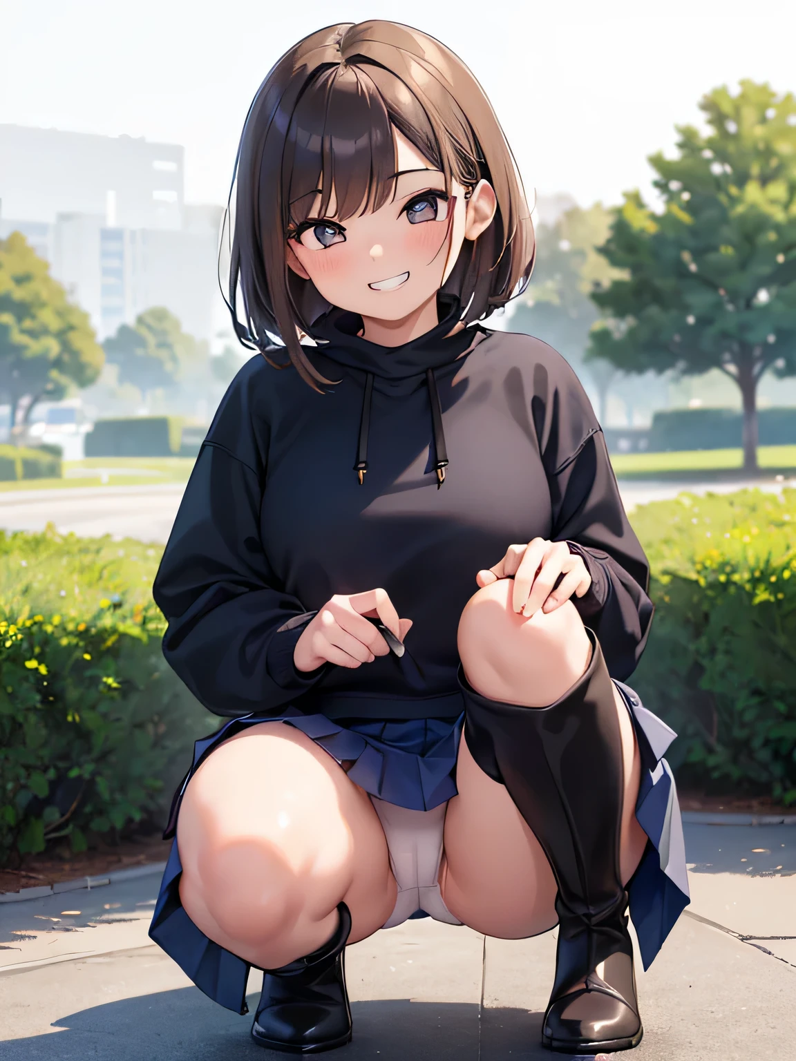 (masterpiece, highest quality, High resolution, realistic pictures, realistic skin:1.1),
(short brown hair:1.5)
(A woman squatting with her knees together:1.8),
(elbows above knees and cheekbones:1.5),
(Please show me the image from the front: 2.0),
(exposed panties:1.5),
(Navy sweatshirt:1.8),
(gray flared mini skirt:1.8),
(black, Below-the-knee boots:1.8),
(white satin shiny panties:1.5),
(provocative, Grinning face:1.5)
1 Japanese girl, alone, Full-bodied Esbian, beautiful eyes, shining eyes, Location: park lawn, NSFW