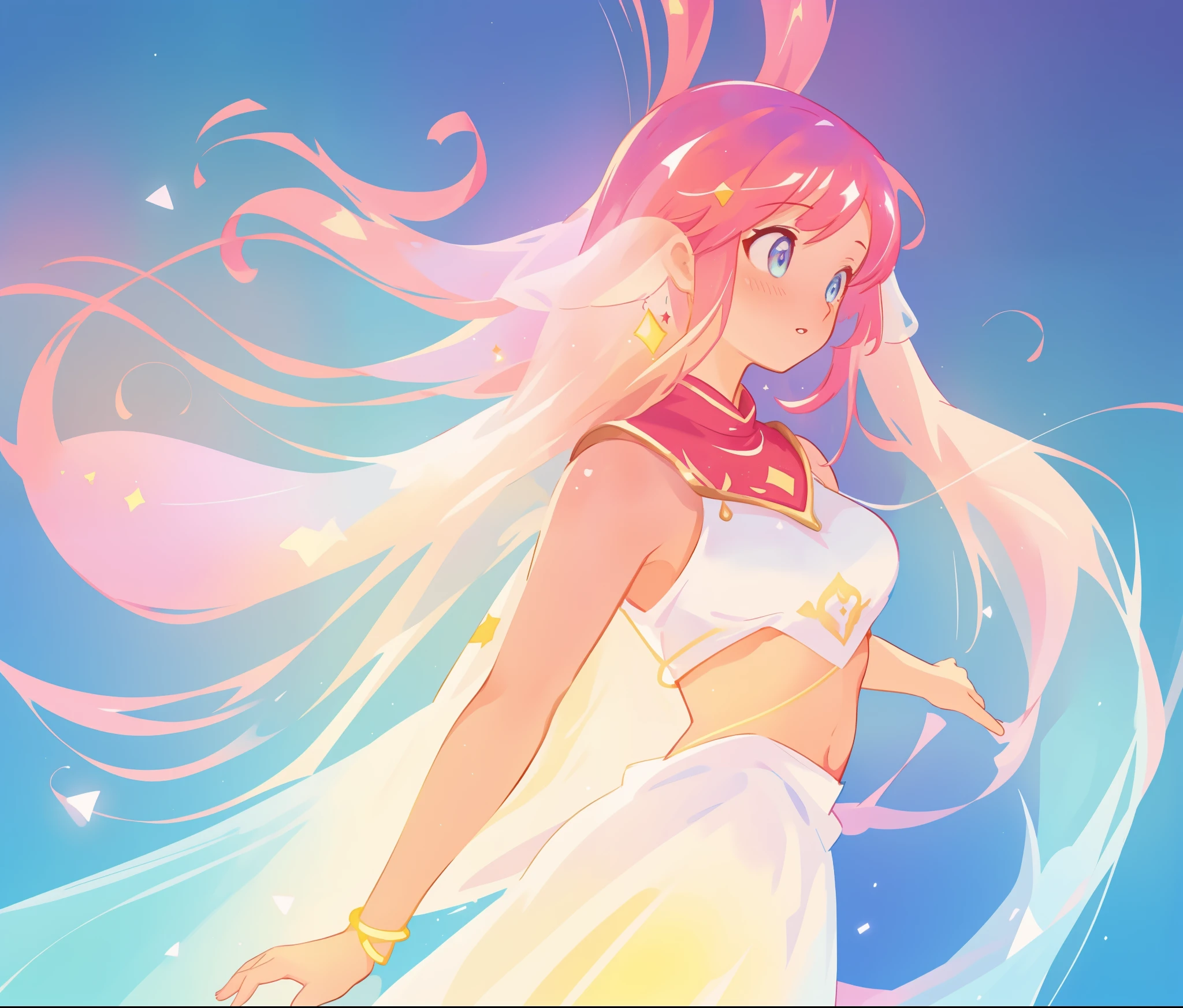 beautiful girl in white arabian two-piece dress, (arabian princess), (arabian dancer), (fantasy arabian dress), long colorful sparkling pink hair, watercolor illustration, Lois van Baarle, glowing aura around her, Glen Keane, jen bartel, glowing hair, beautiful digital illustration, fantasia background, beautiful, masterpiece, best quality, anime disney style, (detailed eyes), golden ratio, perfect composition