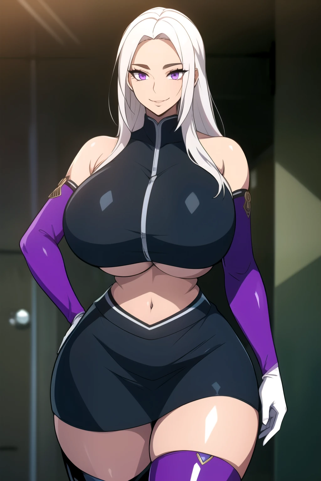 masterpiece, best quality, absurdres, 8k, perfect shadows,perfect lighting,hdr, cowboy shot,shiny skin,skindentation, beautiful body, NamiFinal, ((white hair: 1.4)), long hair, violet eyes,  (crop top, underboob, elbow gloves, thigh boots, split skirt, bare shoulders, curvy, midriff, curvy, thighs, higheels, shiny clothes), complex detailed background, inside, luxury palace) (gigantic breasts,hourglass body, thin waist,very slim waist)extremely detailed face,detailed eye makeup, detail face, nice detailed eyes,nice hands, perfect hands (realistic pupils,realistic iris:1) heavy eye makeup,glowing eyes, Bright eyes,standing,standing at attention,(seductive smile), gigantic breasts, curvy