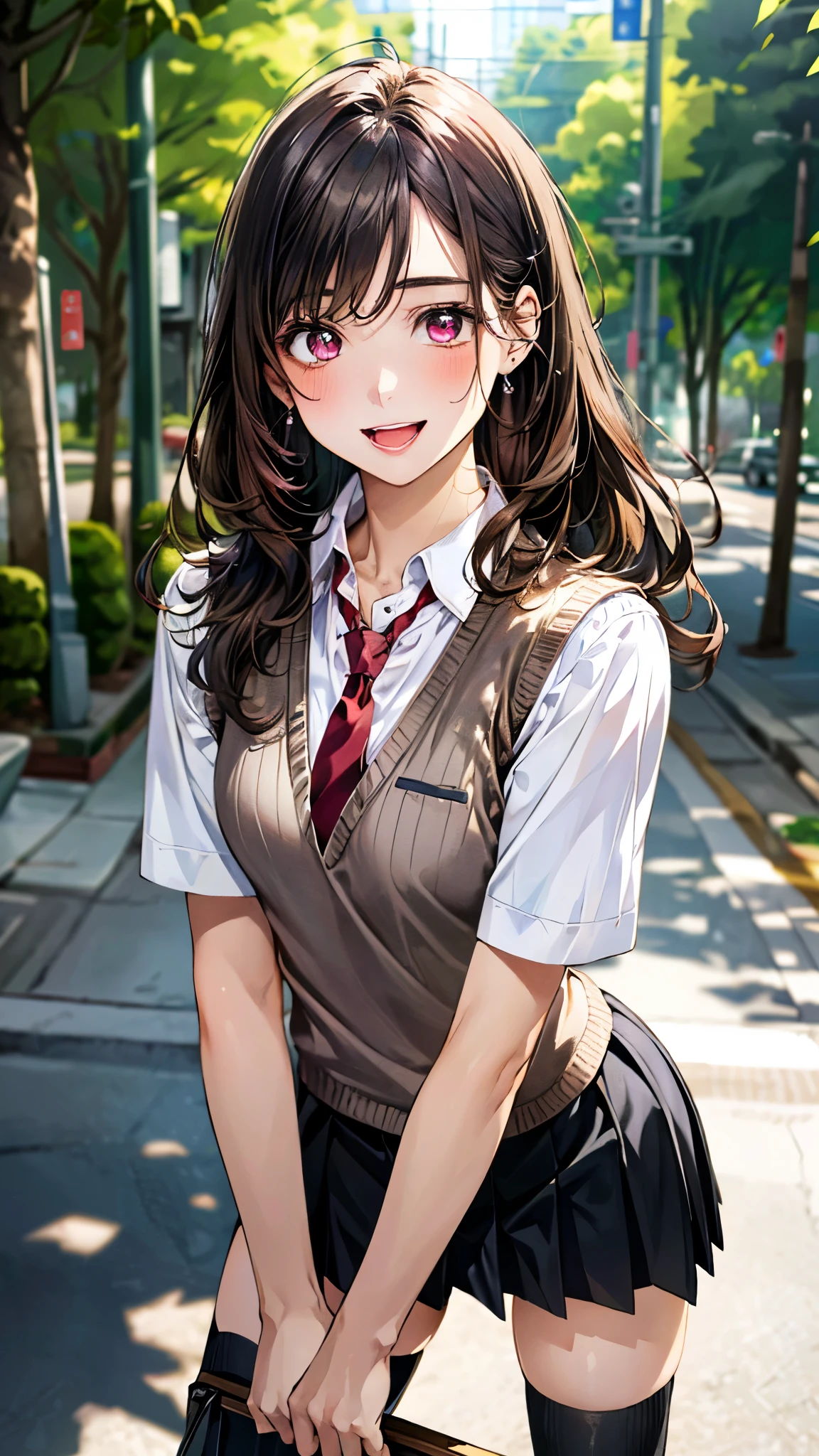 (masterpiece:1.3, top-quality, ultra high res, ultra detailed), (realistic, photorealistic:1.4), beautiful illustration, perfect lighting, natural lighting, colorful, depth of fields,
beautiful detailed hair, beautiful detailed face, beautiful detailed eyes, beautiful clavicle, beautiful body, beautiful chest, beautiful thigh, beautiful legs, beautiful fingers,
looking at viewer, (face focus, upper body), 1 girl, japanese, high school girl, perfect face, (perfect anatomy, anatomically correct), cute and symmetrical face, face, , shiny skin,
(long hair:1.7, straight hair:1.0, rosy brown hair), swept bangs, gold eyes, big eyes, slant eyes, long eye lasher, (medium breasts:1.6, tight butt, seductive thighs), slender,
(((shocking pink knit vest), collared white shirt, black pleated skirt, red tie)), black school socks,
(beautiful scenery), morning, (school), walking, ((eatting melon bread)), (seductive smile, open mouth small),