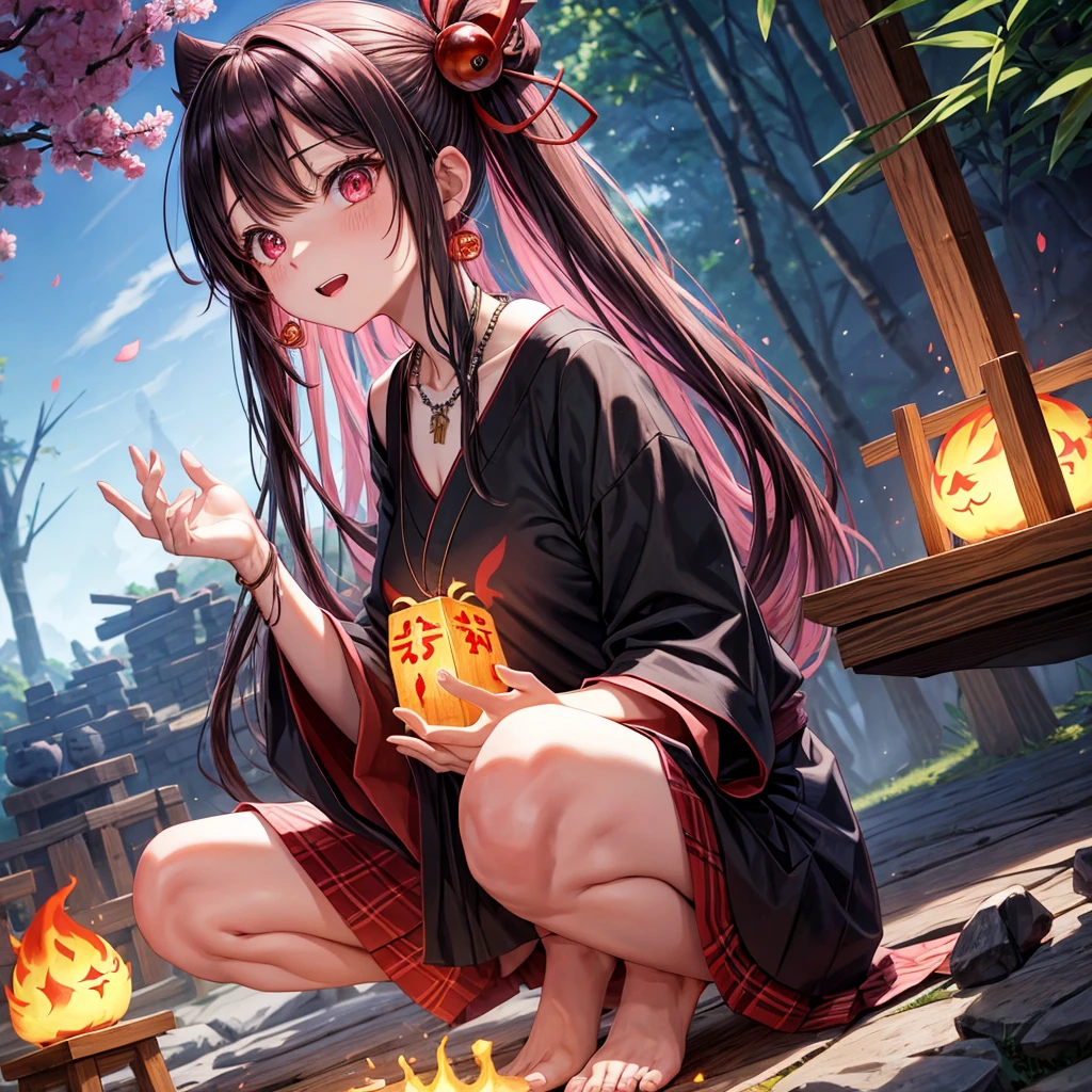 pink black blonde、red eyes、one good looking girl、solo、anime、plaid mini skirt、black camisole、black t-shirt、kimono、wearing a ribbon、ribbon at waist、stone slabs are piled up、crystal earrings、jewelry necklace、Light and shadow、clock、universe、vine plant、petal、tilting one's face、teeth are visible、fire spirit、book of magic、Cube、bamboo forest、lava、Plum blossom、squatting down、Kokeshi