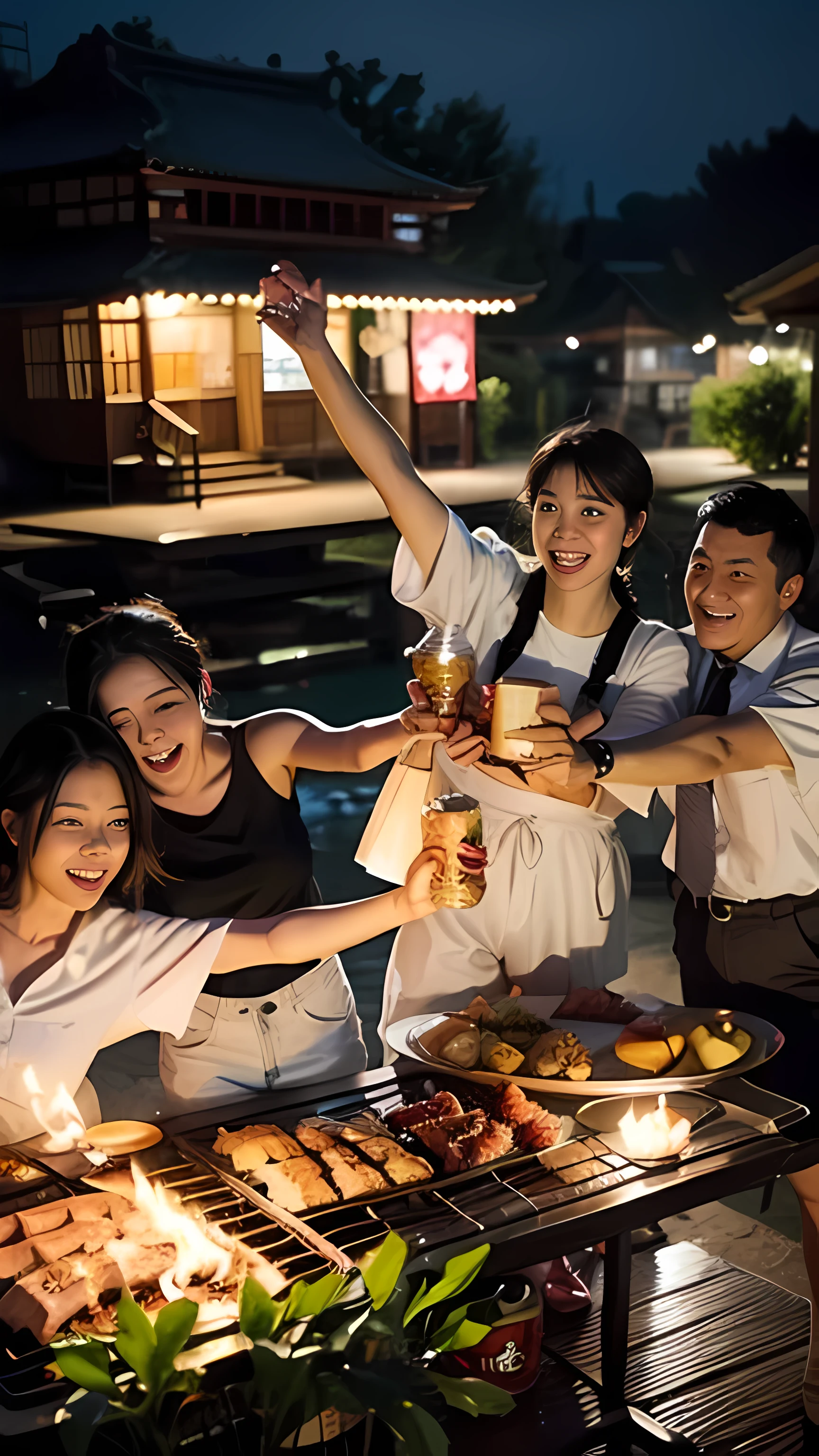 有一班朋友围着桌子站着barbecue, movie Share photo, Warm and joyful atmosphere, Great scenes from the movie, barbecue, Promotional video stills, film Promotional stills, Advertising photos, propaganda art, people go on picnic, background, cheerful atmosphere, Share photo, Share photo, photo shoot, Promotional stills, summer night, summer environment，masterpiece, Super details, high detail, high quality, best quality, 1080P, 16K