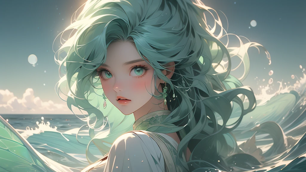 (best quality,ultra-detailed,realistic),portraits,medium:oil painting,(HDR,studio lighting),vivid colors,sharp focus,physically-based rendering,(A lovely siren),beautiful detailed eyes,beautiful detailed lips,extremely detailed eyes and face,long eyelashes,(light green skin),(aquamarine eyes),blue-green color tones on the face,(coke bottle figure),(blessed proportions),(sea foam green hair ankle length),flowing hair,(dressed in tatters),tattered clothing flowing in the wind,(age 20),serene expression,graceful pose,emerging from the ocean,sparkling water droplets on skin and hair,faint shimmering scales on the legs,gentle waves in the background,strands of seaweed entwined in the hair, she is singing standing atop the head of a horrible giant monster (many eyes, many tentacles, huge maw full of jagged teeth), A sailing ship in the distance approaches the siren and its doom