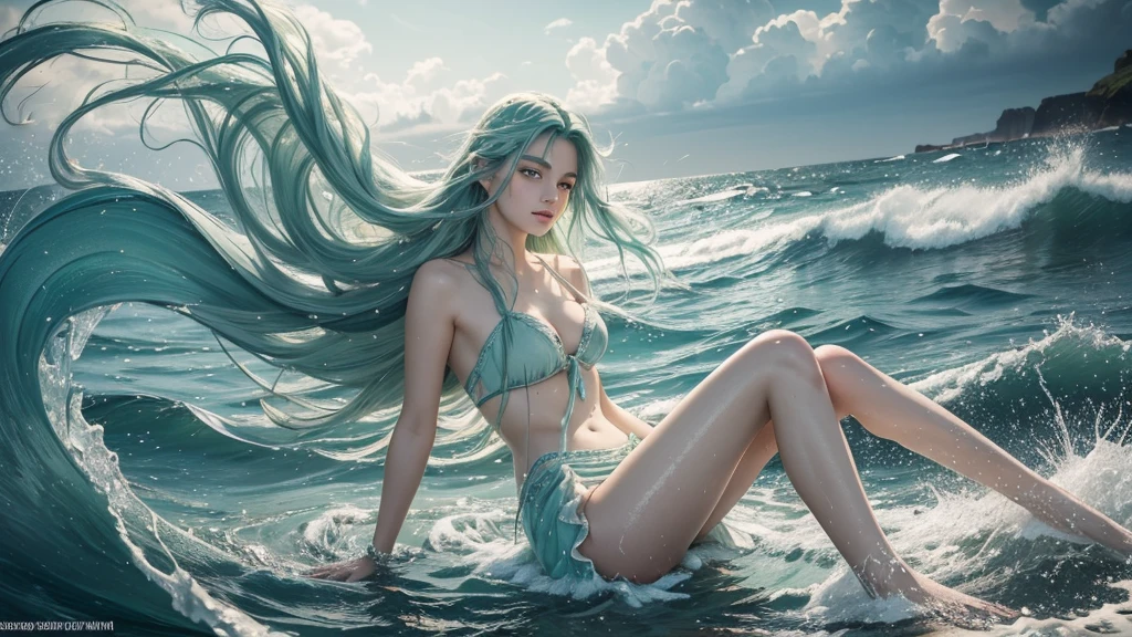 (best quality,ultra-detailed,realistic),portraits,medium:oil painting,(HDR,studio lighting),vivid colors,sharp focus,physically-based rendering,(A lovely siren),beautiful detailed eyes,beautiful detailed lips,extremely detailed eyes and face,long eyelashes,(light green skin),(aquamarine eyes),blue-green color tones on the face,(coke bottle figure),(blessed proportions),(sea foam green hair ankle length),flowing hair,(dressed in tatters),tattered clothing flowing in the wind,(age 20),serene expression,graceful pose,emerging from the ocean,sparkling water droplets on skin and hair,faint shimmering scales on the legs,gentle waves in the background,strands of seaweed entwined in the hair