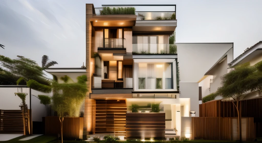 a view of a modern townhouse, main material by white wall and stone and wood,3rd corner house,standing wooden slats, glass railing,iron column I, 1 road runs in front of the house, (RAW photo, real, best quality, masterpiece:1.2), look morden minimalist, 1 road in front of the house, shime ring light, light brighteness from indoor:1.2, dynamic lighting:1.3, (hyper realistic, photo-realistic:1.2), high quality, day lighht, hight contrast :0.5 perfect lighting, archdaily, award winning contemporary, contemporary masterpiece, well-designed masterpiece, neotraditional modern, midcentury modern, contemporary house, hip modern vibe, a long-shot from front, award winning modern design, stunning lines, residential, subtle detailing,Green tree in front of the house, (((sunset light))),house in residential area, ((white wall), (light inside the house)