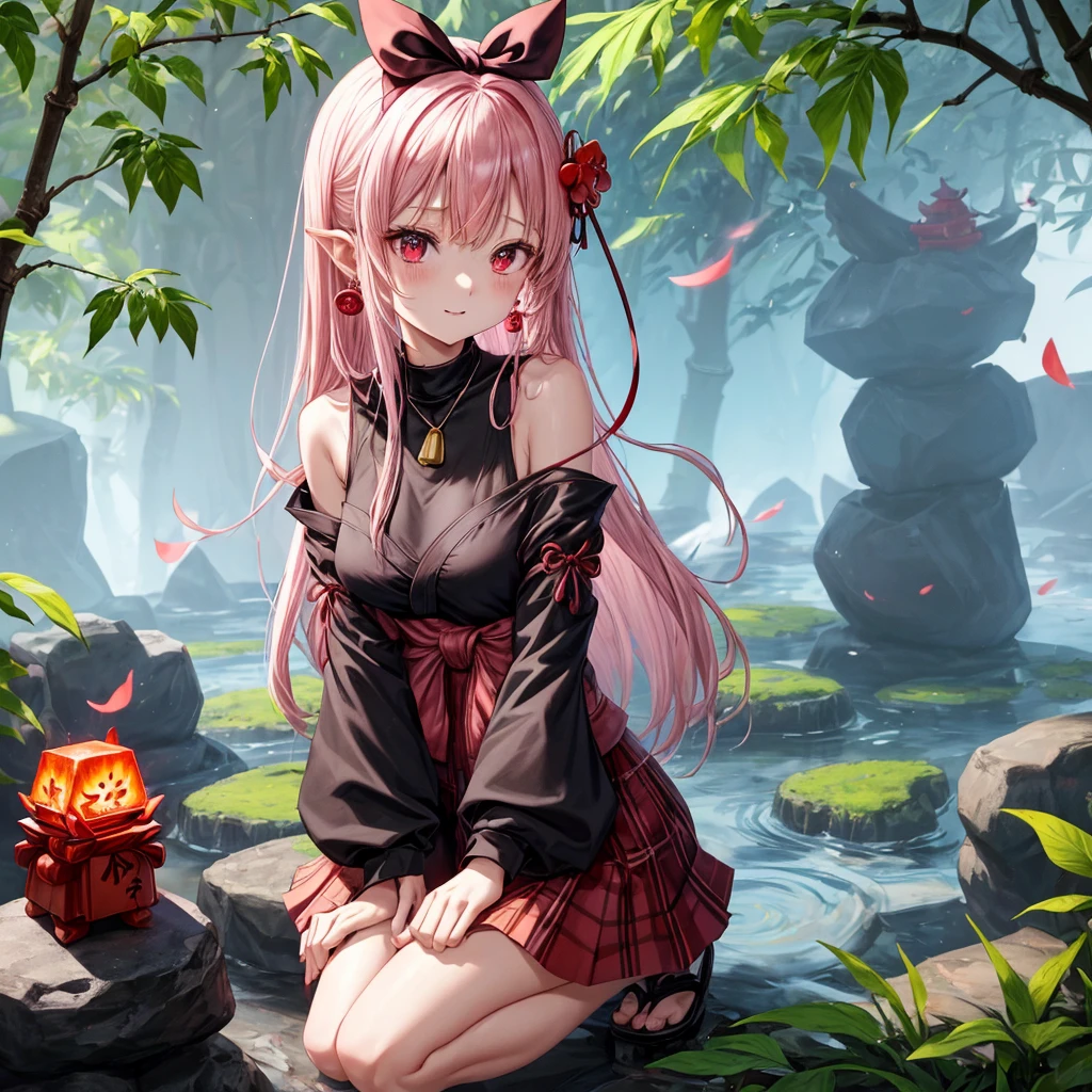 pink black blonde、red eyes、one good looking girl、solo、anime、plaid mini skirt、black camisole、black t-shirt、kimono、wearing a ribbon、ribbon at waist、stone slabs are piled up、crystal earrings、jewelry necklace、Light and shadow、clock、universe、vine plant、petal、tilting one's face、teeth are visible、fire spirit、book of magic、Cube、bamboo forest、lava、Plum blossom、squatting down、Kokeshi