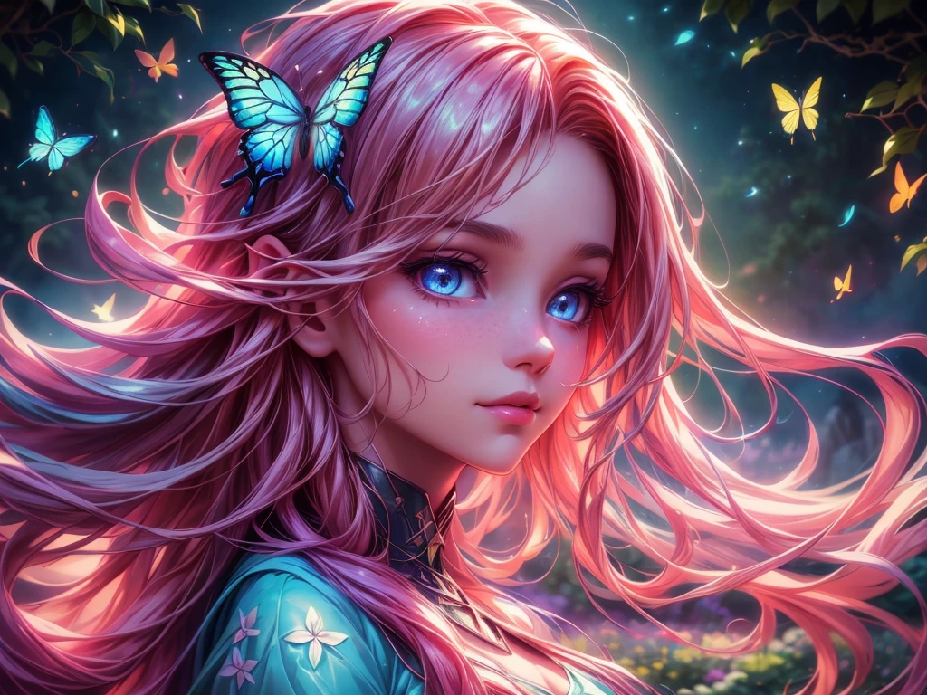 mysterious luminous object,shining in seven colors,glowing UFO,beautiful girl in the picture,astonishingly detailed girl's face and eyes,flowing hair,mesmerizing smile,starstruck expression,staring at the UFO in wonder,peaceful garden background,lush green plants, vibrant flowers,butterflies fluttering around,gentle breeze rustling the leaves,magic and wonder in the air,impressive artwork crafted with oil painting,ultra-realistic details,high-resolution masterpiece:1.2,soft and dreamy lighting,gradually changing colors,creating an ethereal atmosphere,portrait art style,evoking a sense of mystery and enchantment,vivid and surreal color palette,brilliant and otherworldly hues,illuminating the sky,casting a mysterious glow on the surroundings