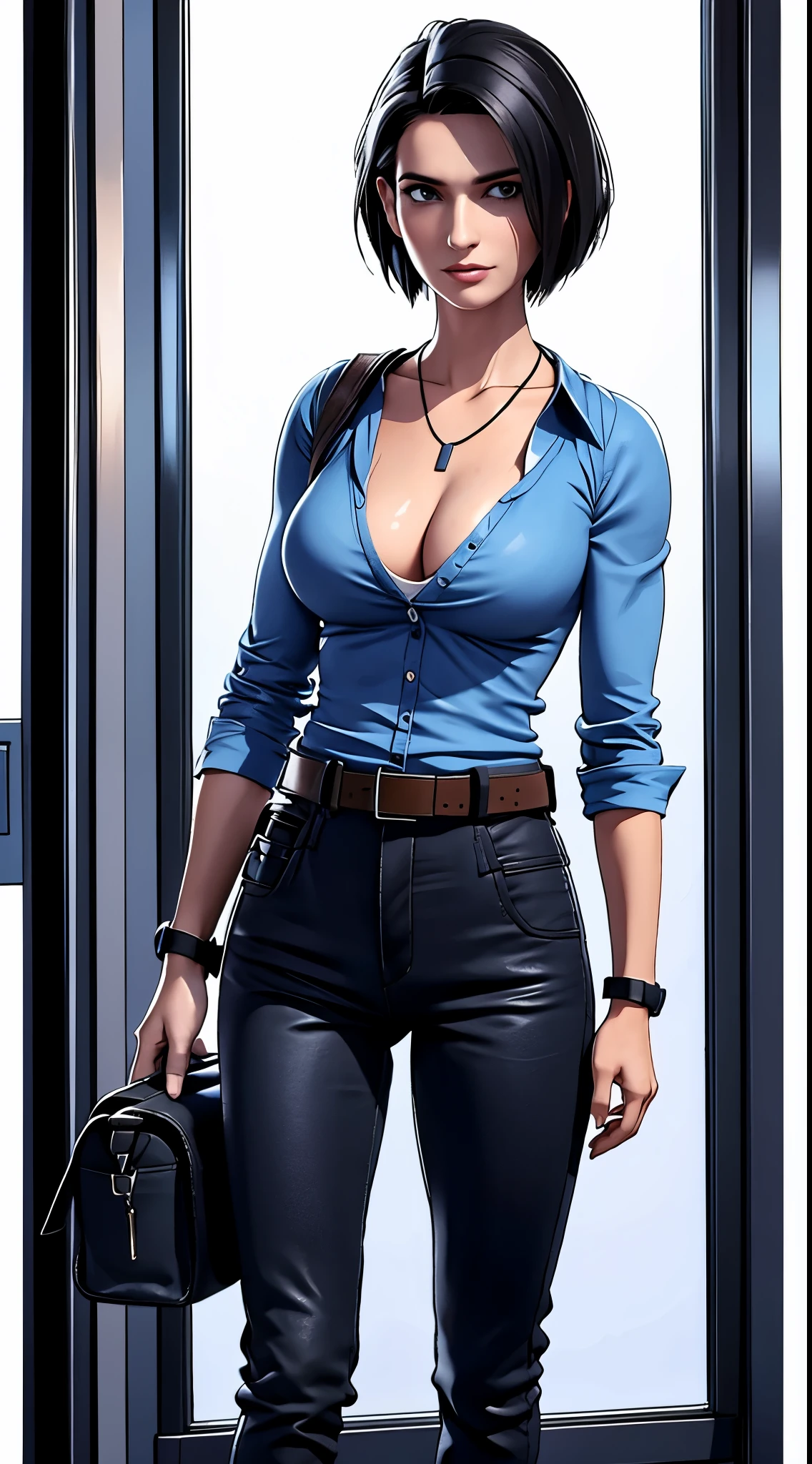 photorealistic, high resolution, 1women, mature female, solo, hips up, black hair, short hair, longsleeve blue shirt, belt, pants, police, cleavage, (downblouse), necklace,Jill Valentine - Resident Evil Series