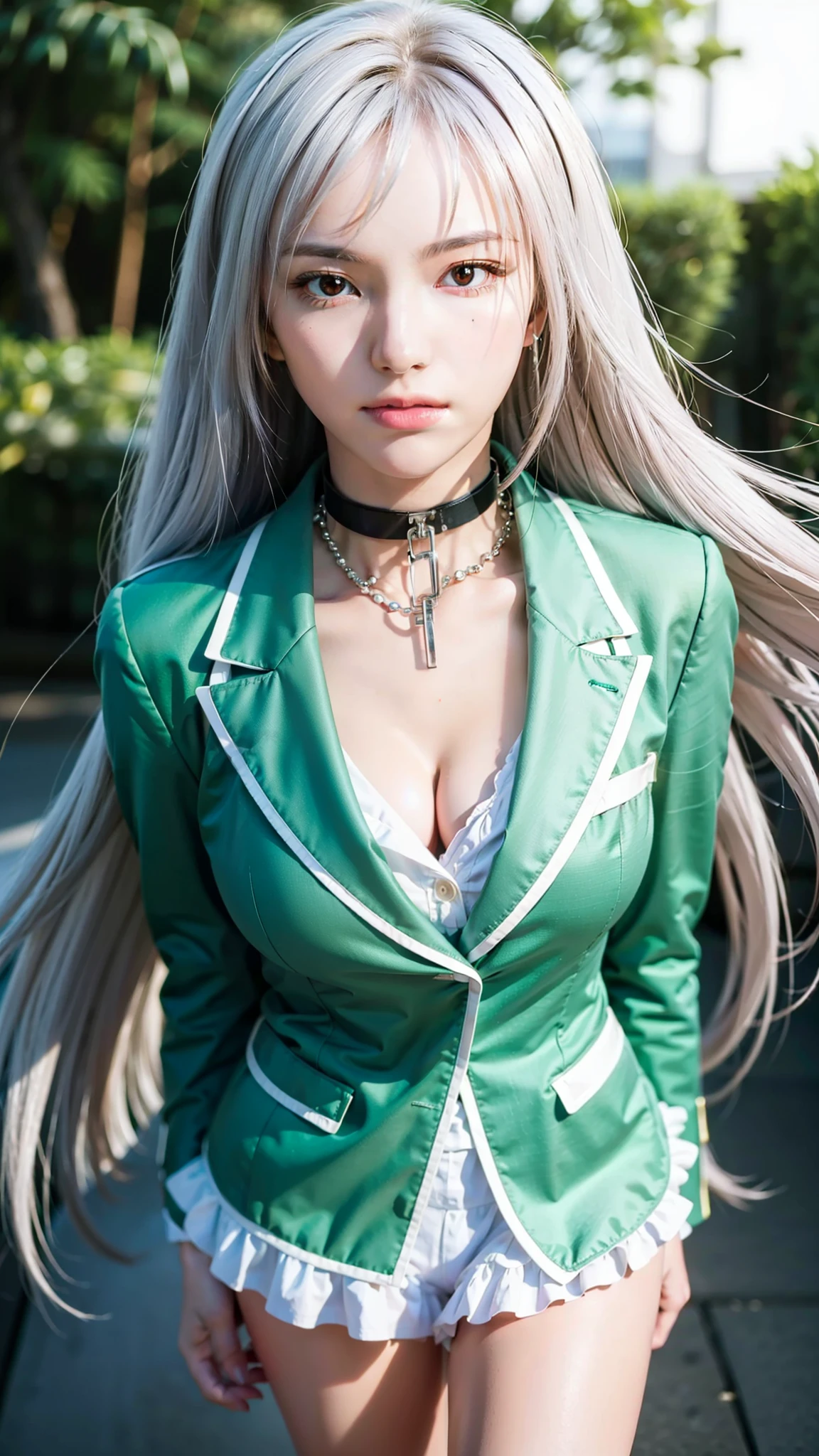 Simple White Background,
, green jacket,white collared shirt, Black Choker,
chained,jewelry,
White Hair,long hair,red eyes,Bangs,
1 girl, 20yo,Young female,Beautiful Finger,Beautiful long legs,Beautiful body,
Beautiful Nose,Beautiful character design, perfect eyes, perfect face,expressive eyes,perfect balance,
looking at viewer,(Focus on her face),closed mouth, (innocent_big_eyes:1.0),(Light_Smile:0.3),
official art,extremely detailed CG unity 8k wallpaper, perfect lighting,Colorful, Bright_Front_face_Lighting,White skin,
(masterpiece:1.0),(best_quality:1.0), ultra high res,4K,ultra-detailed,
photography, 8K, HDR, highres, absurdres:1.2, Kodak portra 400, film grain, blurry background, bokeh:1.2, lens flare, (vibrant_color:1.2),professional photograph,
(Beautiful,Breasts:1.0), (beautiful_face:1.5),(narrow_waist),