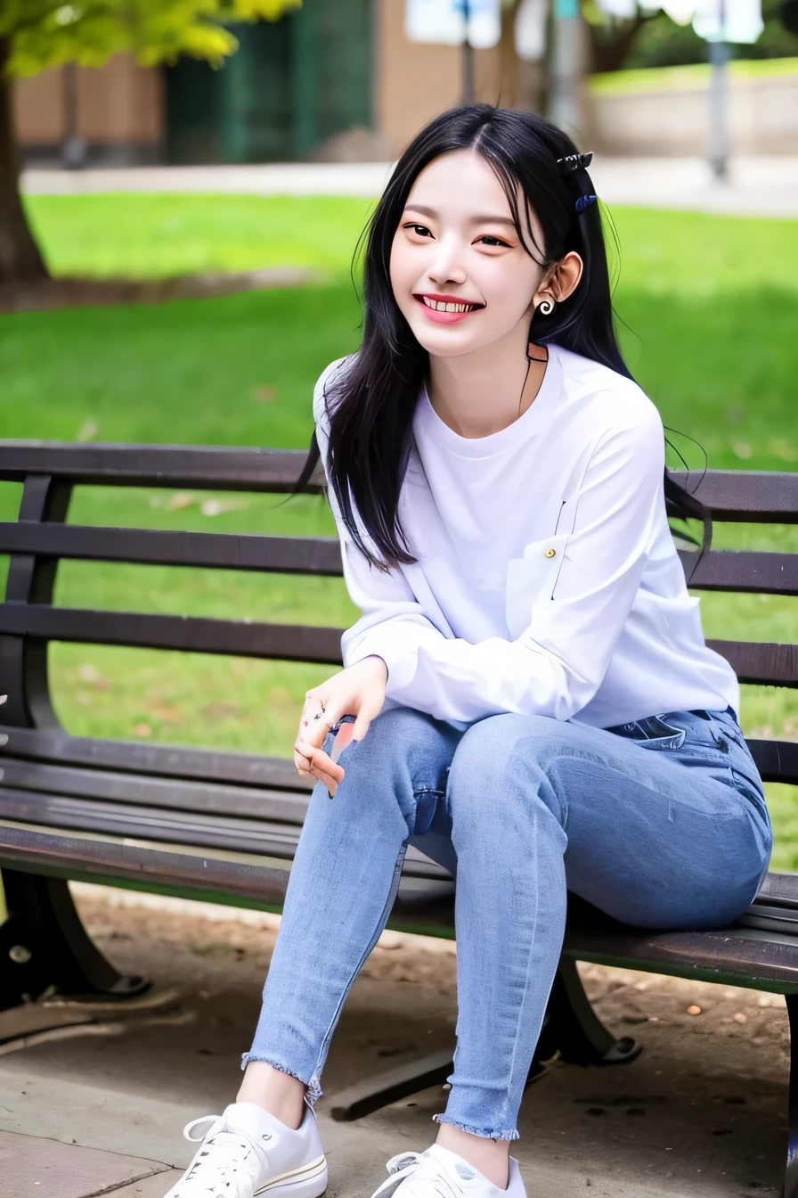((highest quality)), A neat and beautiful woman sitting on a park bench、long sleeve blouse、skinny denim、sneakers、black hair、ear piercing、smile、smile showing teeth、full body photo