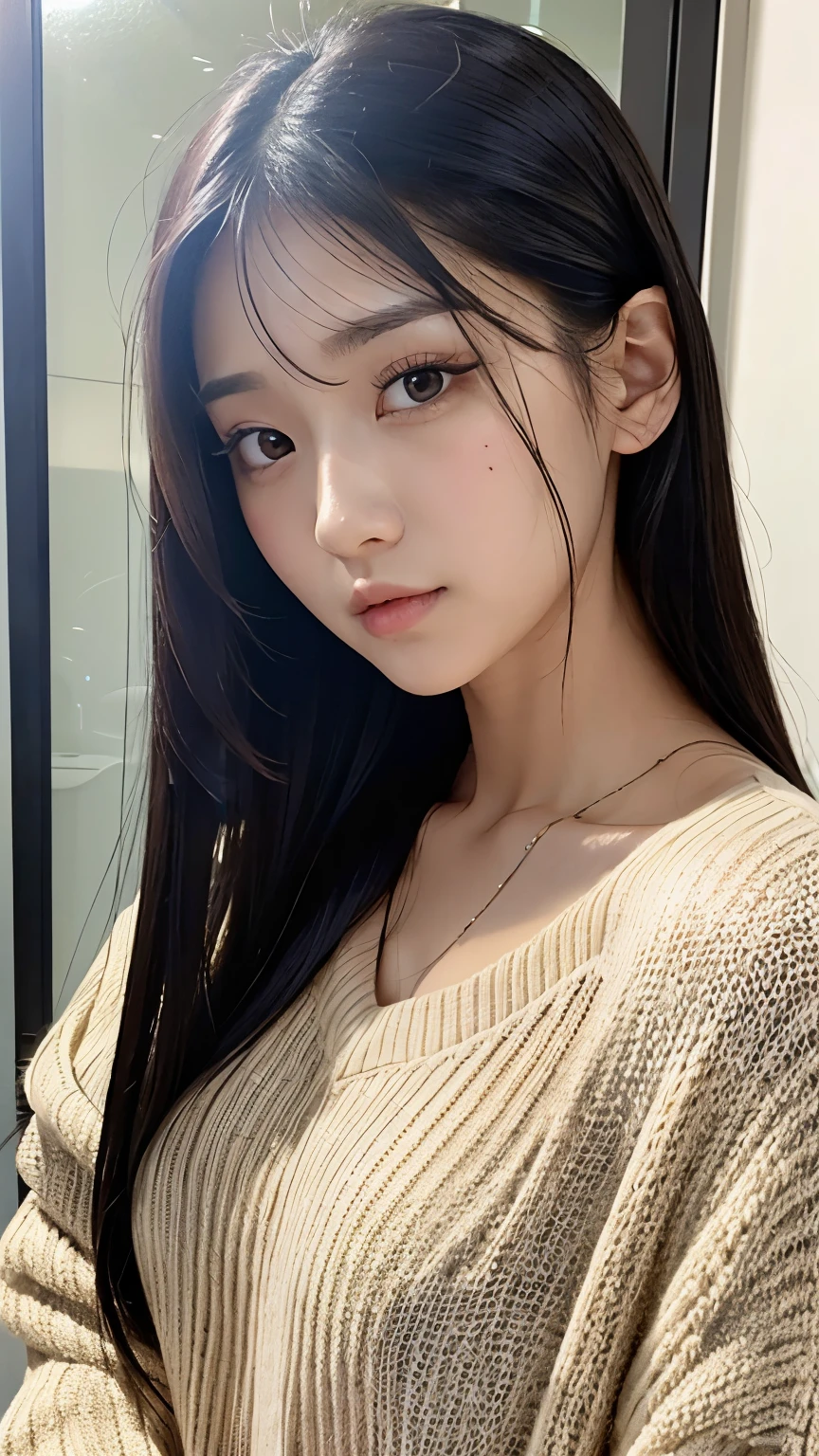highest quality、black long hair、Black eyes、straight hair、perfect face、beauty woman、cool woman、strong-willed woman、looking at the viewer、sexy woman、(small eyes)、(narrowed eyes)、drooping eyes、From front、small face、perfect body、sexy woman、Seductive Woman、wearing sweater、((No-makeup))、((forehead))、long bangs、Upper body
