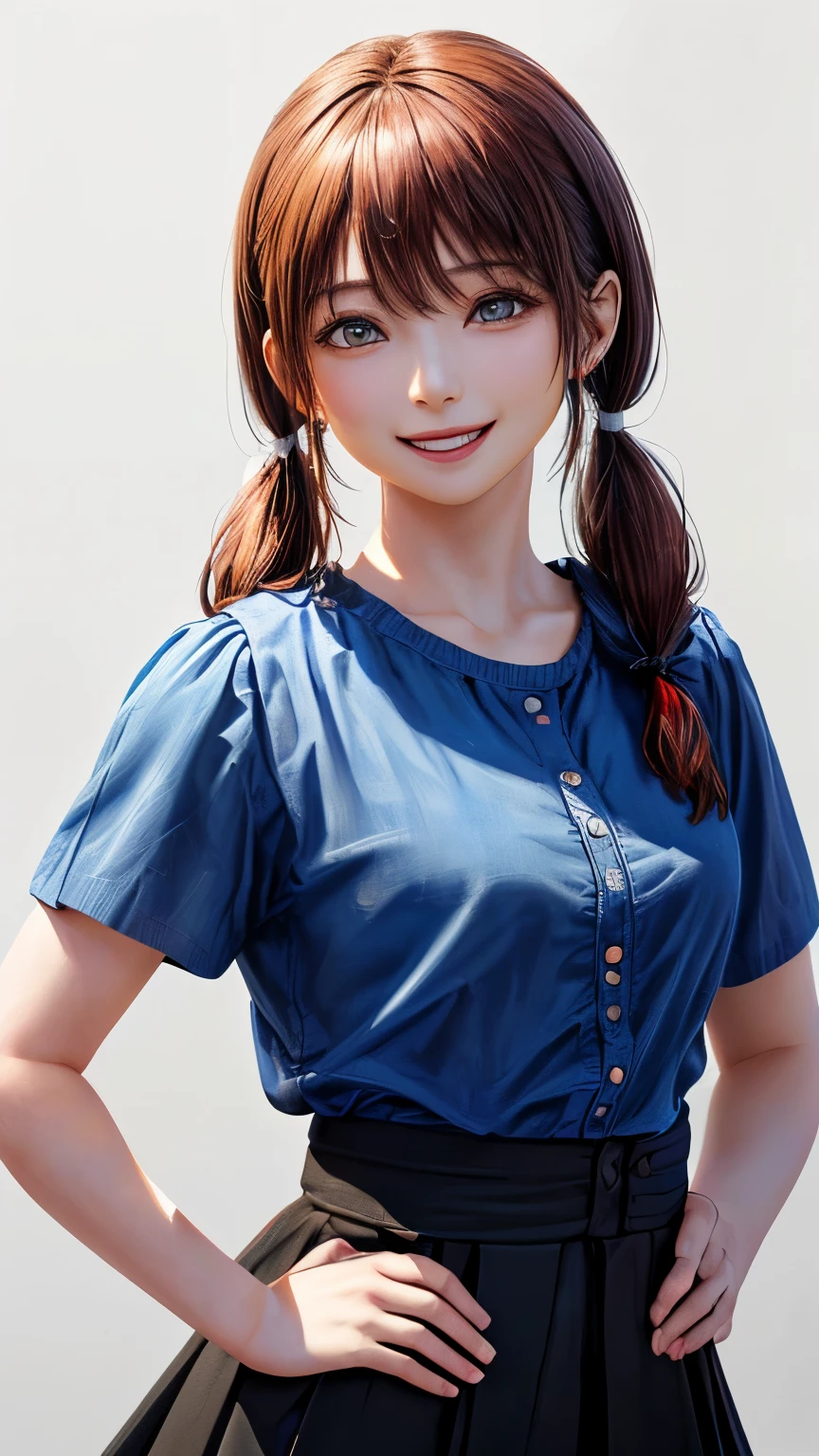 (highest quality、8K、32k、masterpiece)、(realistic)、(Photoreal:1.2)、(High resolution)、Super detailed、very beautiful face and eyes、1 girl、round and small face、thin waist、delicate body、(close、highest quality、high detail、Rich skin details)、(highest quality、8K、oil paint:1.2)、Super detailed、(realistic、realistic:1.37)、bright colors、(((Red hair)))、(((bust shot)))、(((long hair)))、(((pure white wall background)))、(((pure white wall background)))、(((career woman)))、(((She has a happy expression)))、(((laughter)))、(((wearing a blue shirt)))、(((the skirt is short)))、(((play with smartphone)))、(((twin tails)))、(((I&#39;m putting my hands on my hips)))