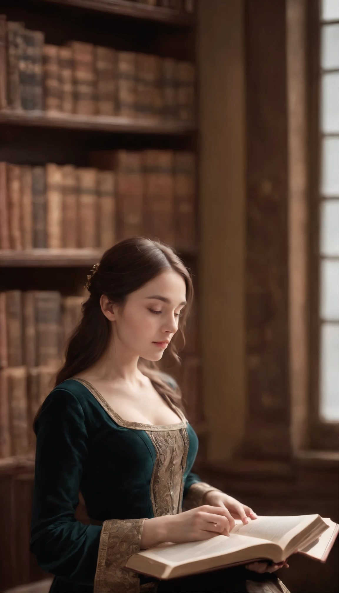 (highest quality,realistic:1.37),portrait,woman,黒髪のwoman,medieval clothing,fine eyes (Perfect and radiant),have a book,at the library,perfect hands,blue eyes,bookish,beautiful environment,warm lighting,soft colors,calm atmosphere,Book lover,peaceful atmosphere,calm expression,a quiet moment,vintage atmosphere,Sophisticated,gentle lighting,cozy corner,immerse yourself in reading,Rich details,bookworm,a thoughtful look,a fascinating presence,persuasive composition,classic elegance,deep immersion,a quiet retreat,enchanting beauty,meditative state,The charm of beauty,Sophisticated装い,bright and vibrant colors,Legacy settings,plain background,majestic bookshelf,exquisite texture,The Charm of Knowing,traditional atmosphere,lush environment,attention to detail,Quiet and calm,delicate and elegant,Pure and Sophisticated,Elegant simplicity,Artistic subtleties,Harmony and balance,fascinating composition.