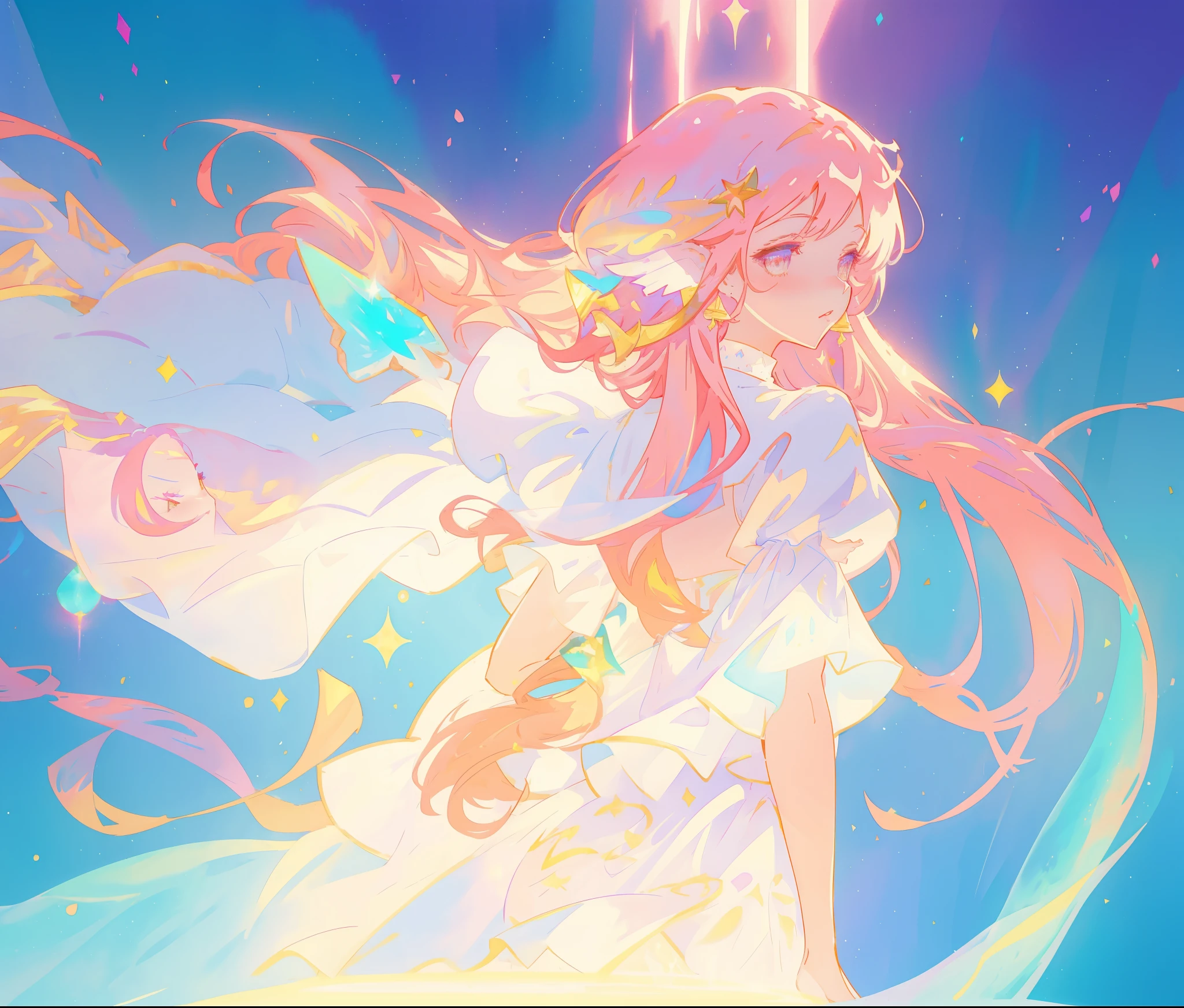 beautiful girl in white arabian two-piece dress, (arabian princess), (arabian dancer), (fantasy arabian dress), long colorful sparkling pink hair, watercolor illustration, Lois van Baarle, glowing aura around her, Glen Keane, jen bartel, glowing hair, beautiful digital illustration, fantasia background, beautiful, masterpiece, best quality, anime disney style, golden ratio, perfect composition