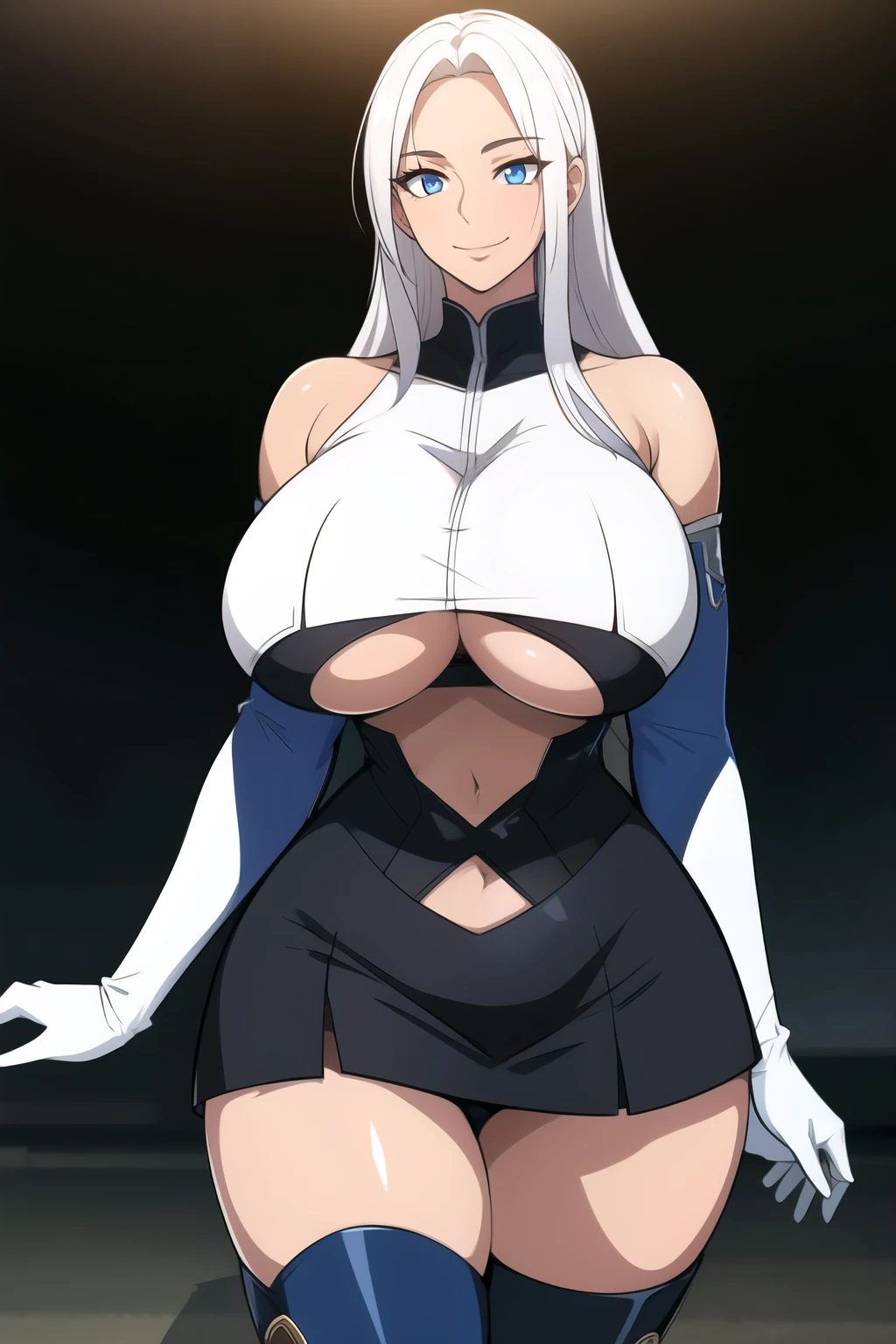 masterpiece, best quality, absurdres, 8k, perfect shadows,perfect lighting,hdr, cowboy shot,shiny skin,skindentation, beautiful body, NamiFinal, ((white hair: 1.4)), long hair, blue eyes, (crop top, underboob, elbow gloves, thigh boots, split skirt, bare shoulders, curvy, midriff, curvy, thighs, higheels, shiny clothes), complex detailed background, inside, luxury palace) (gigantic breasts,hourglass body, thin waist,very slim waist)extremely detailed face,detailed eye makeup, detail face, nice detailed eyes,nice hands, perfect hands (realistic pupils,realistic iris:1) heavy eye makeup,glowing eyes, Bright eyes,standing,standing at attention,(seductive smile), gigantic breasts, curvy