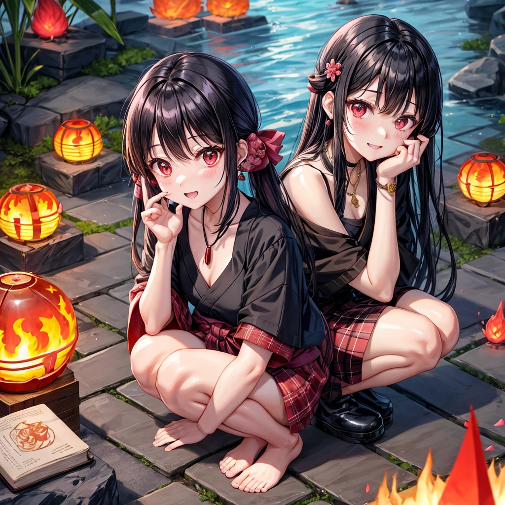 Pink-black hair、red eyes、one good looking girl、solo、anime、plaid mini skirt、black camisole、black t-shirt、kimono、wearing a ribbon、ribbon at waist、stone slabs are piled up、crystal earrings、jewelry necklace、Light and shadow、clock、universe、vine plant、petal、tilting one's face、teeth are visible、fire spirit、book of magic、Cube、bamboo forest、lava、Plum blossom、squatting down、Kokeshi