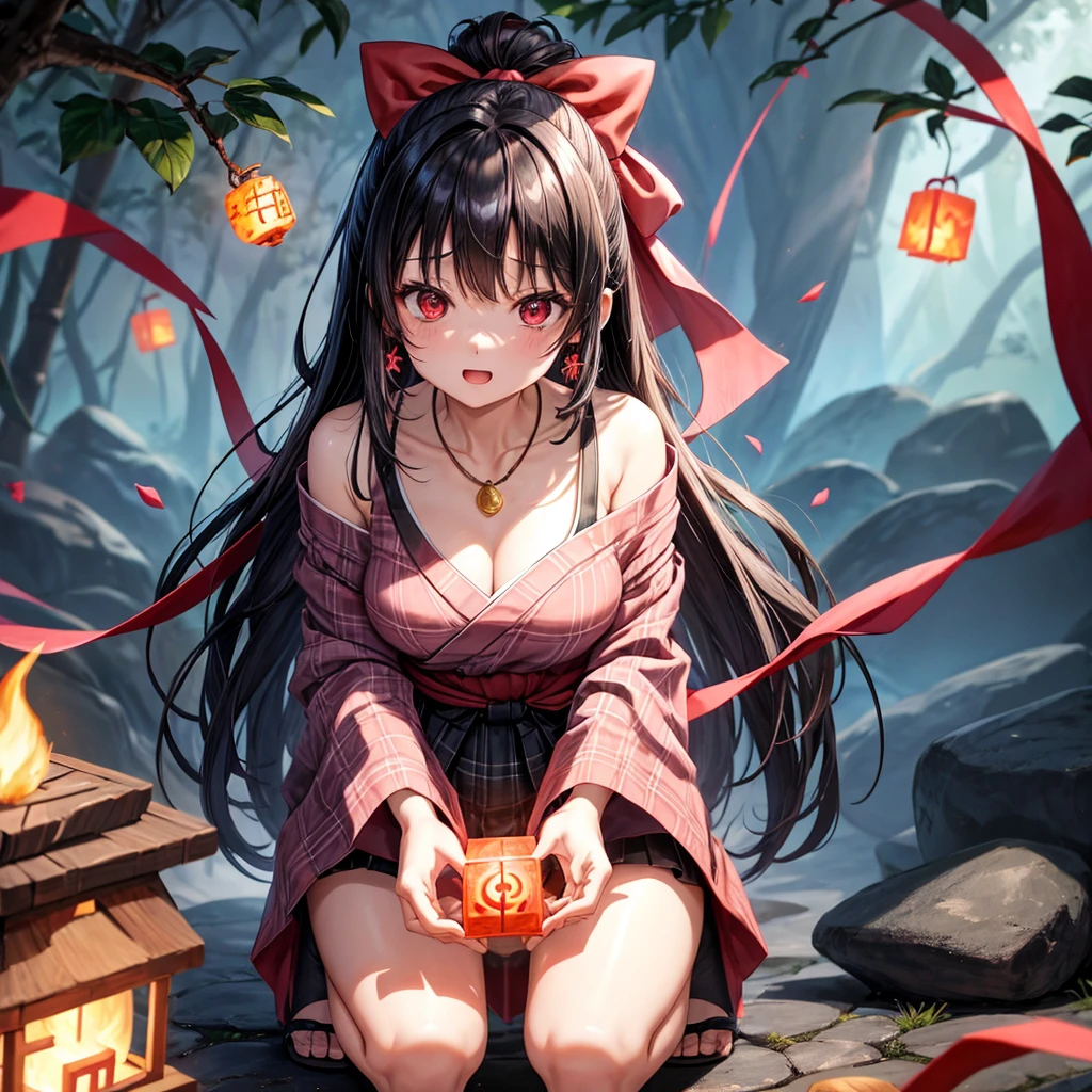 Pink-black hair、red eyes、one good looking girl、solo、anime、plaid mini skirt、black camisole、black t-shirt、kimono、wearing a ribbon、ribbon at waist、stone slabs are piled up、crystal earrings、jewelry necklace、Light and shadow、clock、universe、vine plant、petal、tilting one's face、teeth are visible、fire spirit、book of magic、Cube、bamboo forest、lava、Plum blossom、squatting down、Kokeshi