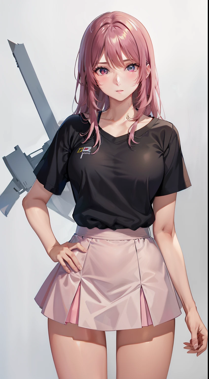 1 girl, Sayla Mass, elegant, table top, Complex, パンツが見えそうな超ミニskirtのアーミーピンクの制服ドレス、超ミニskirt ミニスカではパンツが見えます、white panties、realistic, highest quality, With White Base and Mobile Suit Gundam in the background、absurd, high facial detail, perfect eyes, 18-year-old, cowboy shot, realization、, Bright colors, pink uniform, skirt
