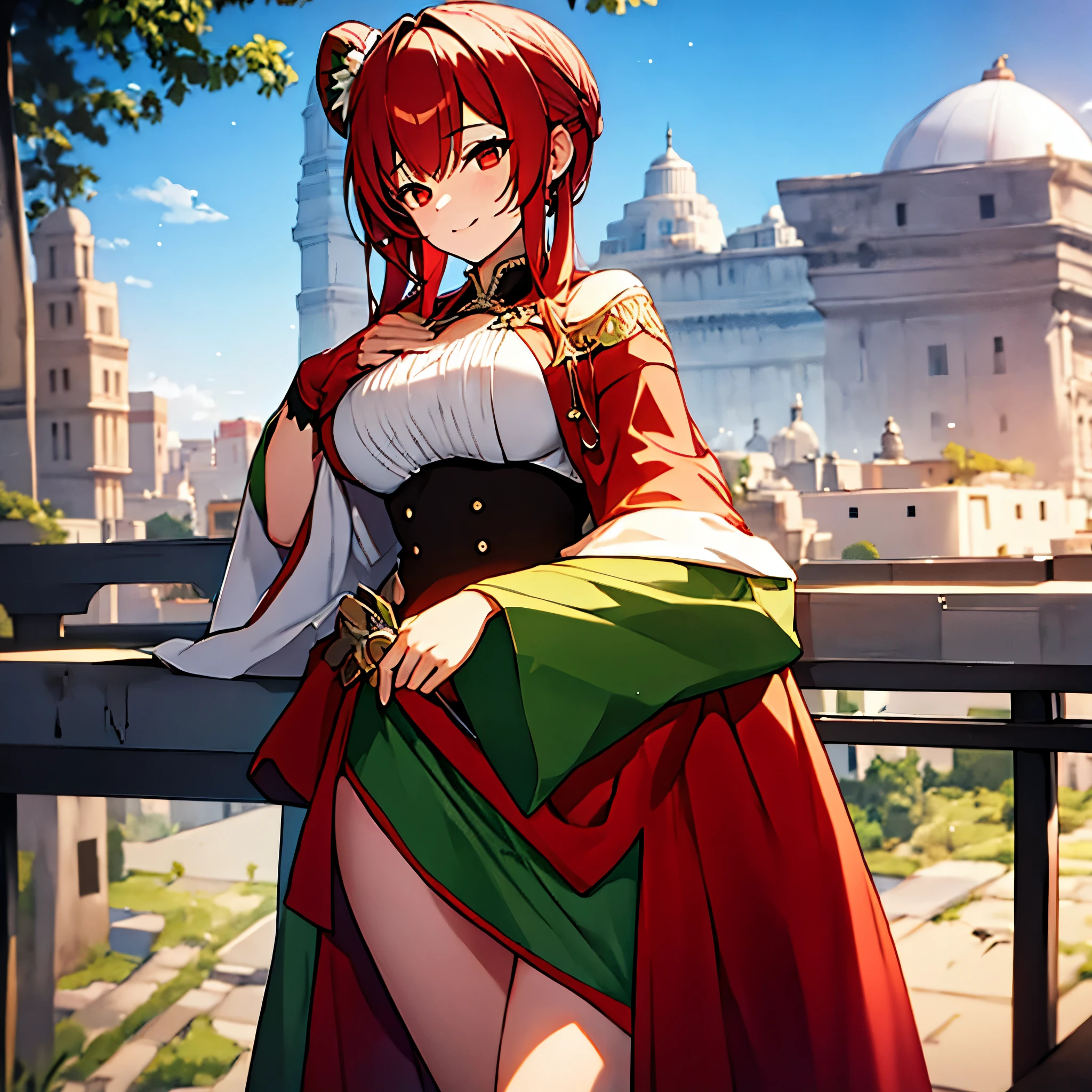 A woman wearing a white dress with green and red details, red hair, red eyes, smiling, big breasts, smiling. at a high point in a city with the traditional Roman city in the background, sunset, ultra definition, very detailed, masterpiece, 2k, 16:9.
