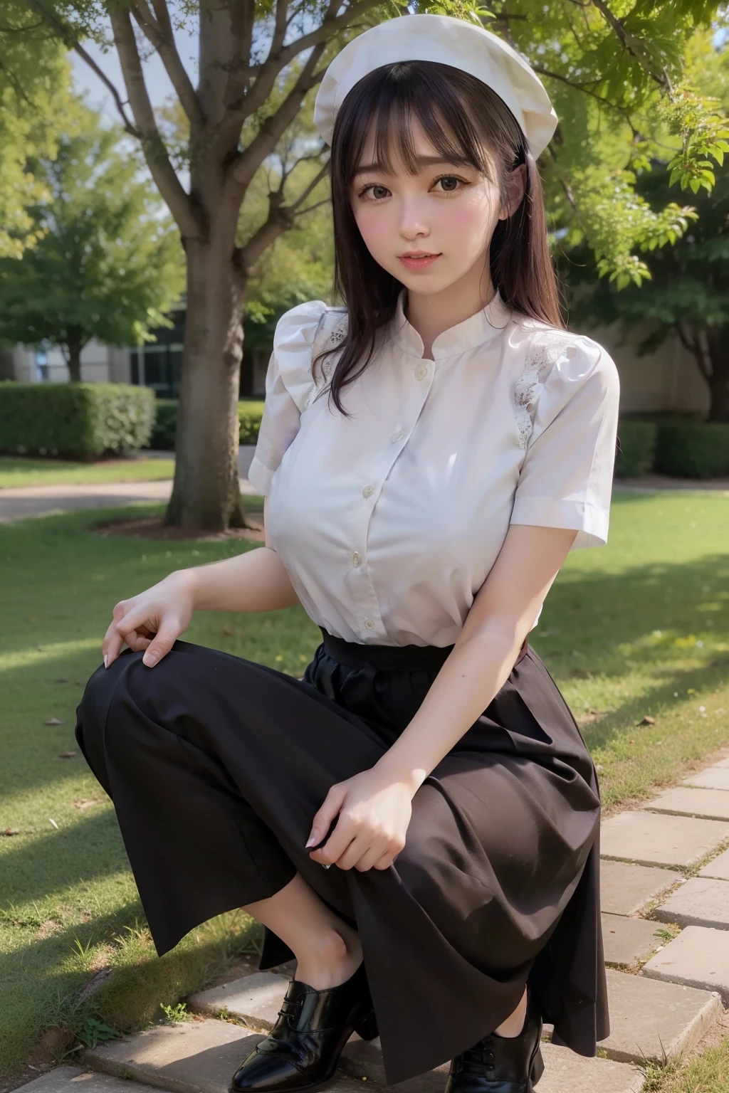 photo de .Oh madame, mignon, culotte, ((Idole Kpop)), lace culotte, session, culotte, jambes ouvertes, jupe, , white culotte, chaussettes, cheveux noirs, chemise, flou, blurred background, genoux, white chemise, strollers, Realistic, cheveux longs, lips, yeux marrons, black chaussettes, arc tie, pleated jupe, arc, head support, looking aside, en plein air, des chaussures marrons, chef-d'artwork, best quality, Ultra-detailed, WET BODY, fine dentelle de soie, (huge ,clivage), taille haute et fine, Details