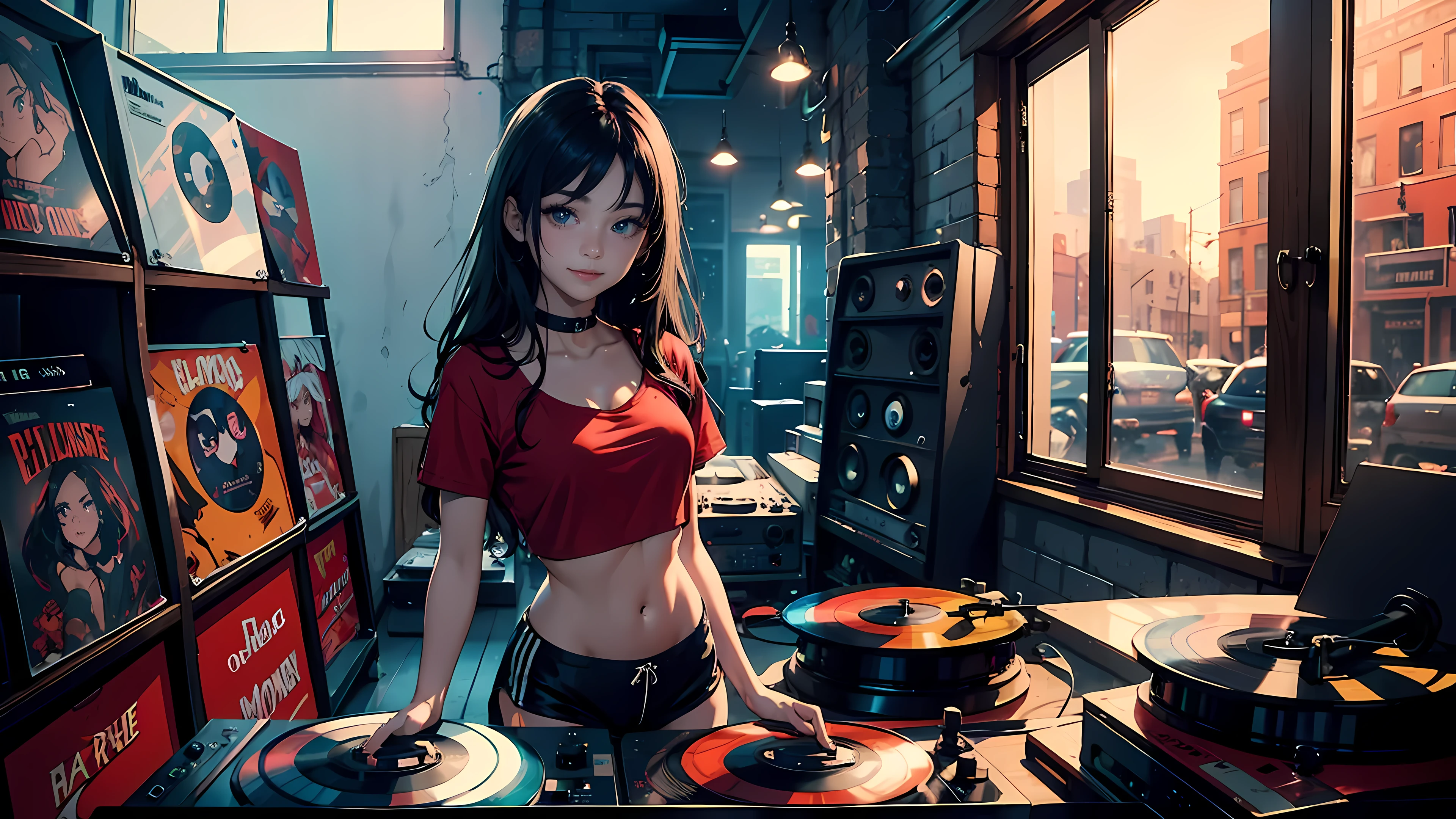 21 year old girl, long black hair, big eyes, sweet smile, small breasts, thin hips,
choker collar, unbuttoned white shirt, red bra, bare midriff, jean shorts,
standing,
record store, vinyl, turntable, DJ equipment,
open door, open window,
evening, nighttime, raining outside
dramatic lighting, cinematic lighting,
masterpiece, best quality