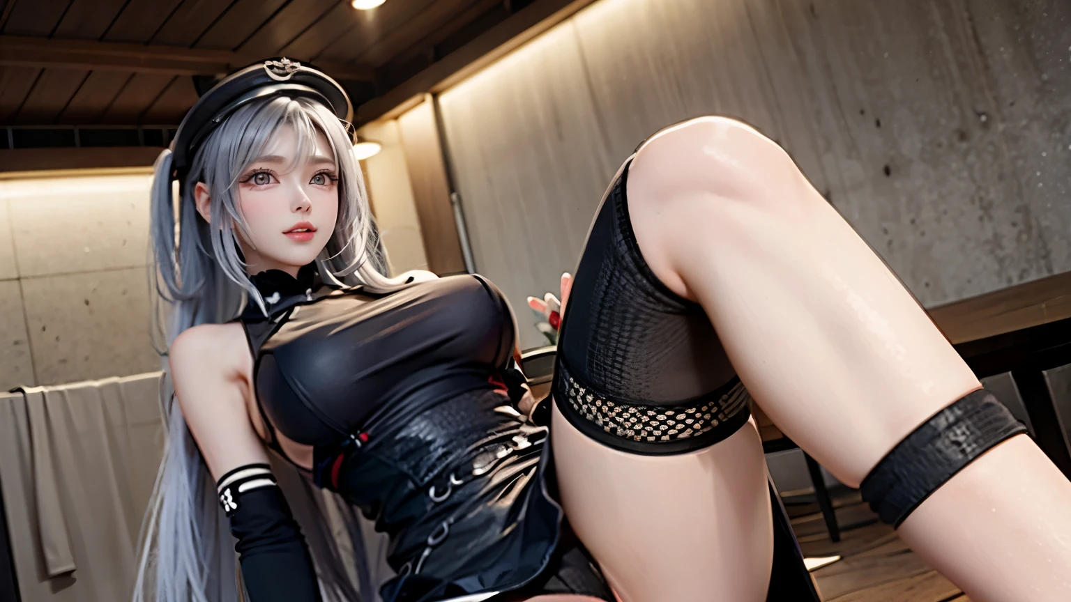 （very delicate and beautiful：1.2）super model,perfect shape,Two girls kicking at a man,2girl,,Thighhighs,beautiful feet,beret,gentle expression,Seen by girls from below,Innocent face,mini skirt,big breasts,Girls roundhouse kicking a man from the left and right of the screen,voluptuous,bike shorts,atelier,givenchy