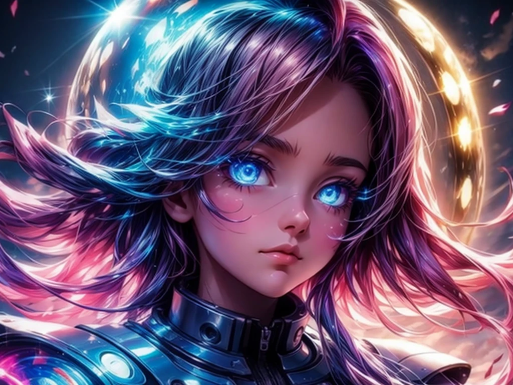 Mysterious luminous object that shines in seven colors, A girl looking up at a UFO,