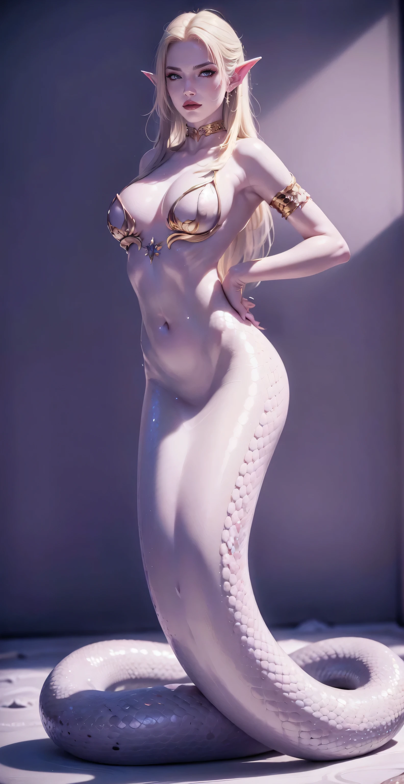 （（masterpiece，best quality，Ultra-clear，original photo，Extremely detailed CG，8K）），Lamia，（Slender snake tail：1.3），Beautiful elf girl，long golden hair，exquisite eyes，Detailed face，Detailed hands，Smooth and delicate skin，skin glow，（Big breasts and thin waist），Beautiful purple snake scales，High resolution，（super detailed：1.4），（lifelike：1.2），imagine，dazzled，charm，nude，nude，full-body shot