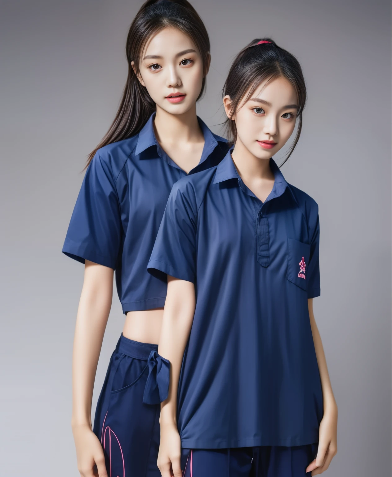 (best quality,10,10,height,Masterpiece:1.2),Special details,(realistic,ภาพrealistic,Realistic photos:1.37),1 Cute girl in the kitchen,shiny, ผิวshiny,only,smile softly,BDclothelue shirt:1.3)),short sleeve,shirt, กางเกงขาlong.,(navy_long_track pants:1.1), ((Kitchen Background)),Dynamic angle,excited,Face focus,dynamic poses,from behind,focus on ass,Masterpiece, best quality, ultra realistic, Too many details, 8k resolution, raw photos, Sharp focus, ((Navy blue shirt:1.1)), short sleeve, เส้นทางlong, perfect body, 2 mature women, 18 years old, Cinema-grade lighting system,blue sweatpants,shirtผ้าออกกำลังกาย,correct anatomy,perfect body, correct body, Sharp face, correct bodyทางกายวิภาค, full body, realistic gestures, long-haired, realistic poses,Wear long shorts...........................,ช่วงขาlong,Good shape,carved girl, Slender figure, model, Good shape, beautiful body,blue sweatpants, two girls kissing