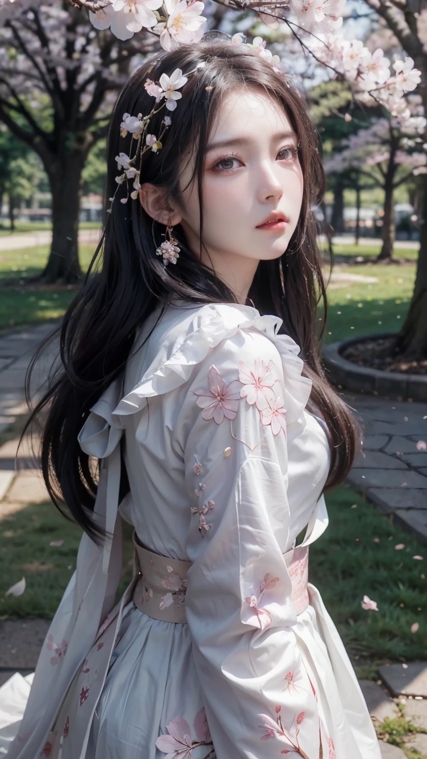 (Logo, Masterpiece, 8k, Tabletop, RAW Photo, Amazing, Top Quality, Photorealistic and Highly Detailed CG Integrated 8k Wallpaper, High Quality, Highly Detailed, Narrative Poetry, Particle Effects, Dynamic Effects, Character Boundary Depth, Cinematic lights, lens flares, ray tracing), fantasy, (single beautiful woman, white kimono, Japanese clothing, white cherry blossom pattern, white cherry blossom embroidery pattern, black hair, beautiful face, real face, beautiful eyes in detail, beautiful skin, long hair) Hair fluttering in the wind, long hair bouncing, long hair dancing in the wind), (cherry blossoms, cherry tree, cherry blossom petals dancing, cherry blossom blizzard, falling petals), hair fluttering in the wind, hair bouncing, pink cherry blossoms, Dancing petals, cherry blossom snowstorm, wonderful scenery, sunrise, background sun, wind, gods, teeth, stories of gods, vast land