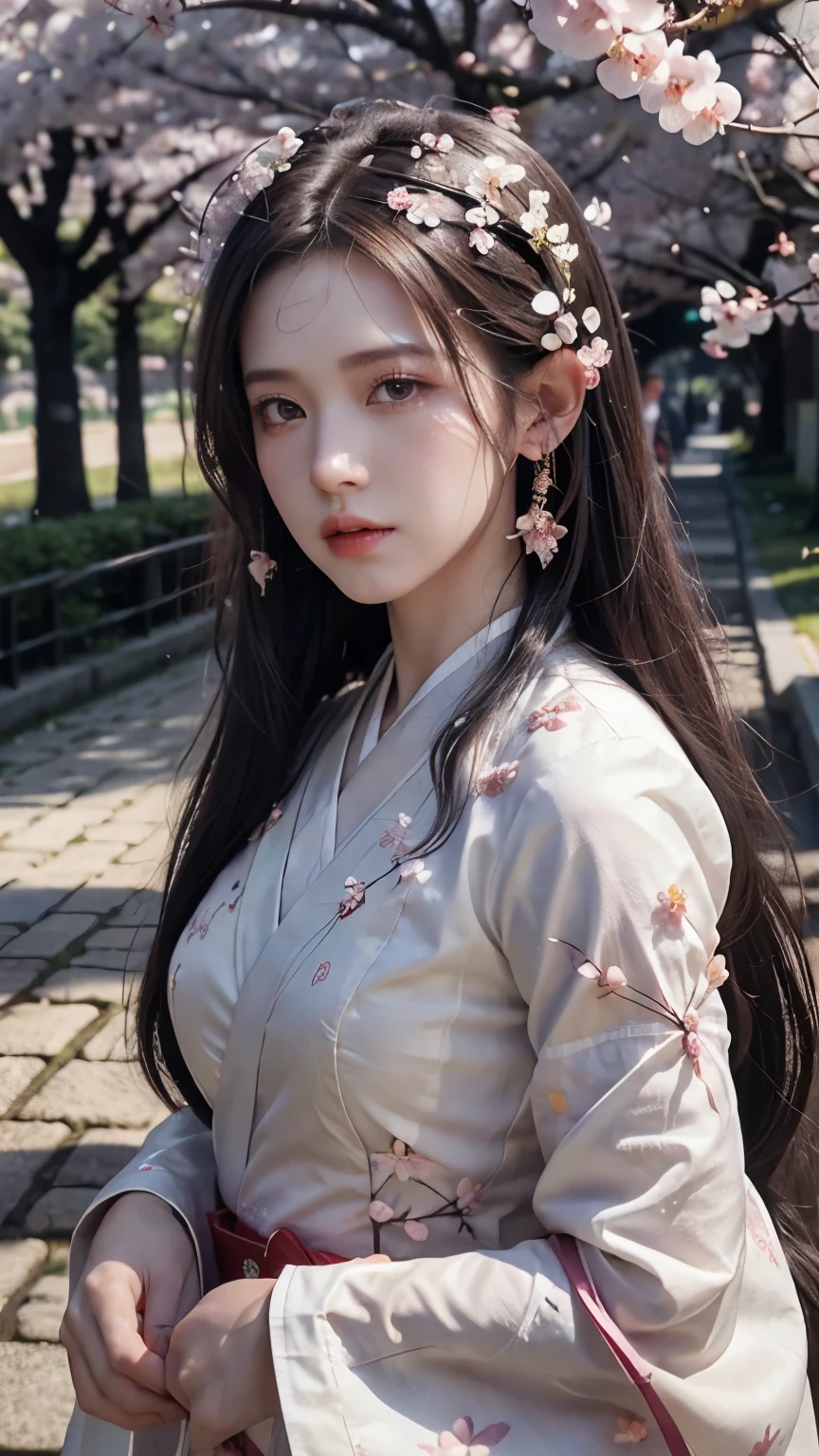 (Logo, Masterpiece, 8k, Tabletop, RAW Photo, Amazing, Top Quality, Photorealistic and Highly Detailed CG Integrated 8k Wallpaper, High Quality, Highly Detailed, Narrative Poetry, Particle Effects, Dynamic Effects, Character Boundary Depth, Cinematic lights, lens flares, ray tracing), fantasy, (single beautiful woman, white kimono, Japanese clothing, white cherry blossom pattern, white cherry blossom embroidery pattern, black hair, beautiful face, real face, beautiful eyes in detail, beautiful skin, long hair) Hair fluttering in the wind, long hair bouncing, long hair dancing in the wind), (cherry blossoms, cherry tree, cherry blossom petals dancing, cherry blossom blizzard, falling petals), hair fluttering in the wind, hair bouncing, pink cherry blossoms, Dancing petals, cherry blossom snowstorm, wonderful scenery, sunrise, background sun, wind, gods, teeth, stories of gods, vast land