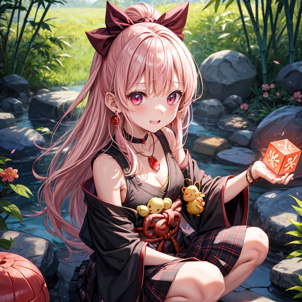 pink black blonde、red eyes、one good looking girl、solo、anime、plaid mini skirt、black camisole、black t-shirt、kimono、wearing a ribbon、ribbon at waist、stone slabs are piled up、crystal earrings、jewelry necklace、Light and shadow、clock、universe、vine plant、petal、tilting one&#39;s face、teeth are visible、fire spirit、book of magic、Cube、bamboo forest、lava、Plum blossom、squatting down、Kokeshi