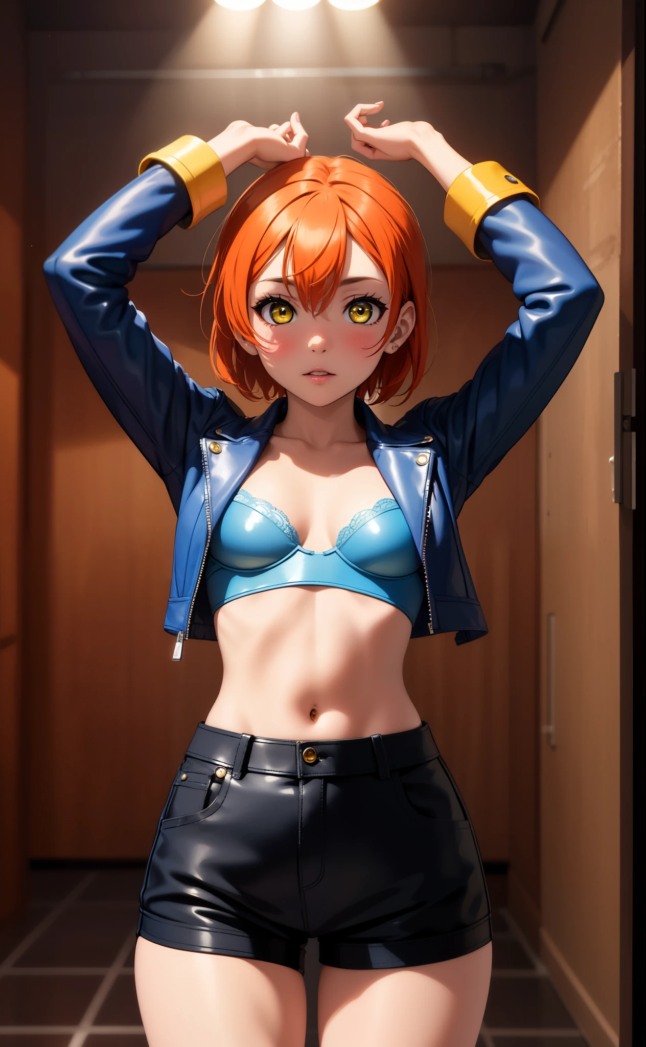 (Masterpiece, Best Quality, High Quality), facing viewer,volumetric lighting, illustration, beautiful, tight , Blushing, looking at viewer, blue leather bra top, blue leather small jacket, blue leather shorts,solo, posing for picture, seductive, perfect lighting, perfect shadows,Hoshizora rin, orange hair, yellow eyes , arms up 