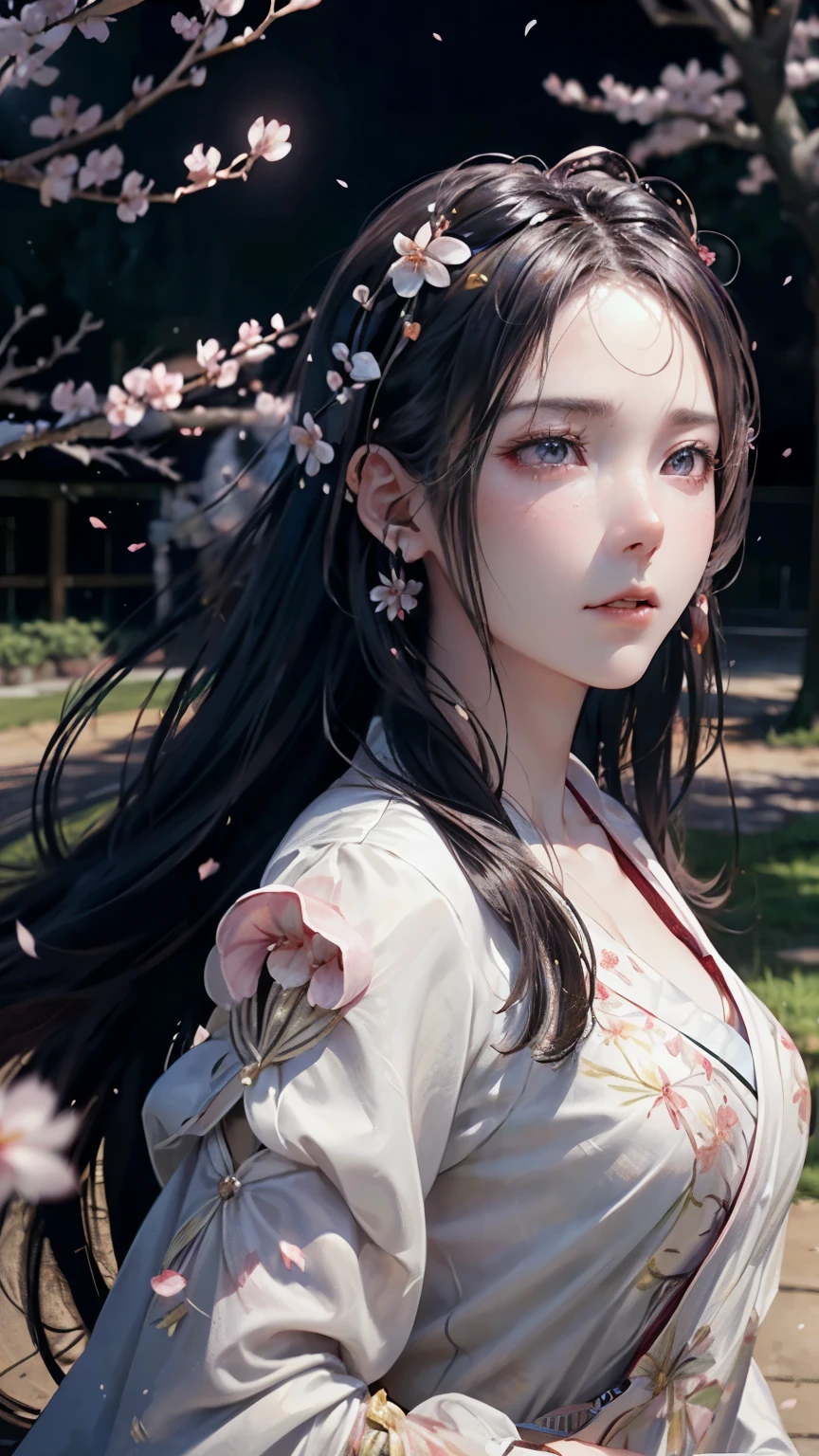 (Logo, Masterpiece, 8k, Tabletop, RAW Photo, Amazing, Top Quality, Photorealistic and Highly Detailed CG Integrated 8k Wallpaper, High Quality, Highly Detailed, Narrative Poetry, Particle Effects, Dynamic Effects, Character Boundary Depth, Cinematic lights, lens flares, ray tracing), fantasy, (single beautiful woman, white kimono, Japanese clothing, white cherry blossom pattern, white cherry blossom embroidery pattern, black hair, beautiful face, real face, beautiful eyes in detail, beautiful skin, long hair) Hair fluttering in the wind, long hair bouncing, long hair dancing in the wind), (cherry blossoms, cherry tree, cherry blossom petals dancing, cherry blossom blizzard, falling petals), hair fluttering in the wind, hair bouncing, pink cherry blossoms, Dancing petals, cherry blossom snowstorm, wonderful scenery, sunrise, background sun, wind, gods, teeth, stories of gods, vast land